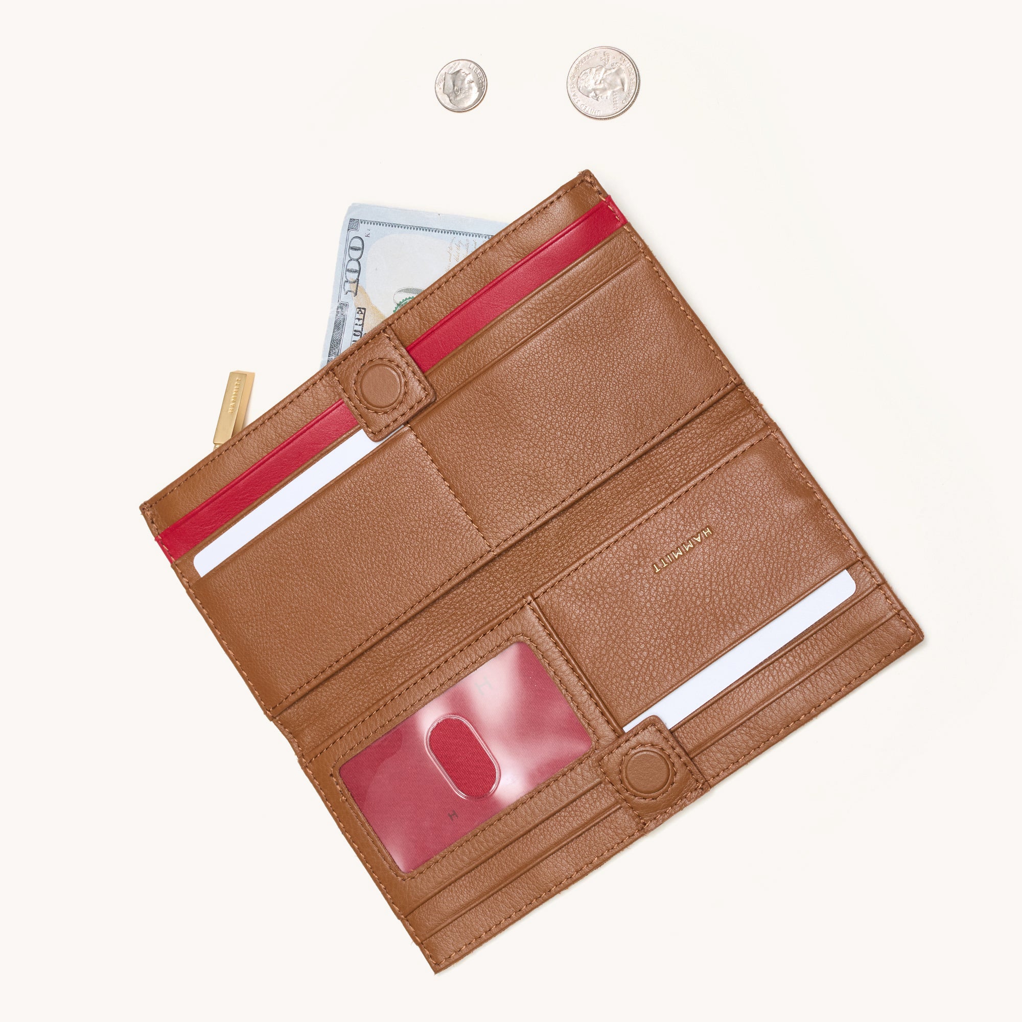 110 North Genuine Mahogany Wood Pebble & Brushed Gold Red Zipper Wallet - Perfect for Everyday Use, Travel & Business Essentials