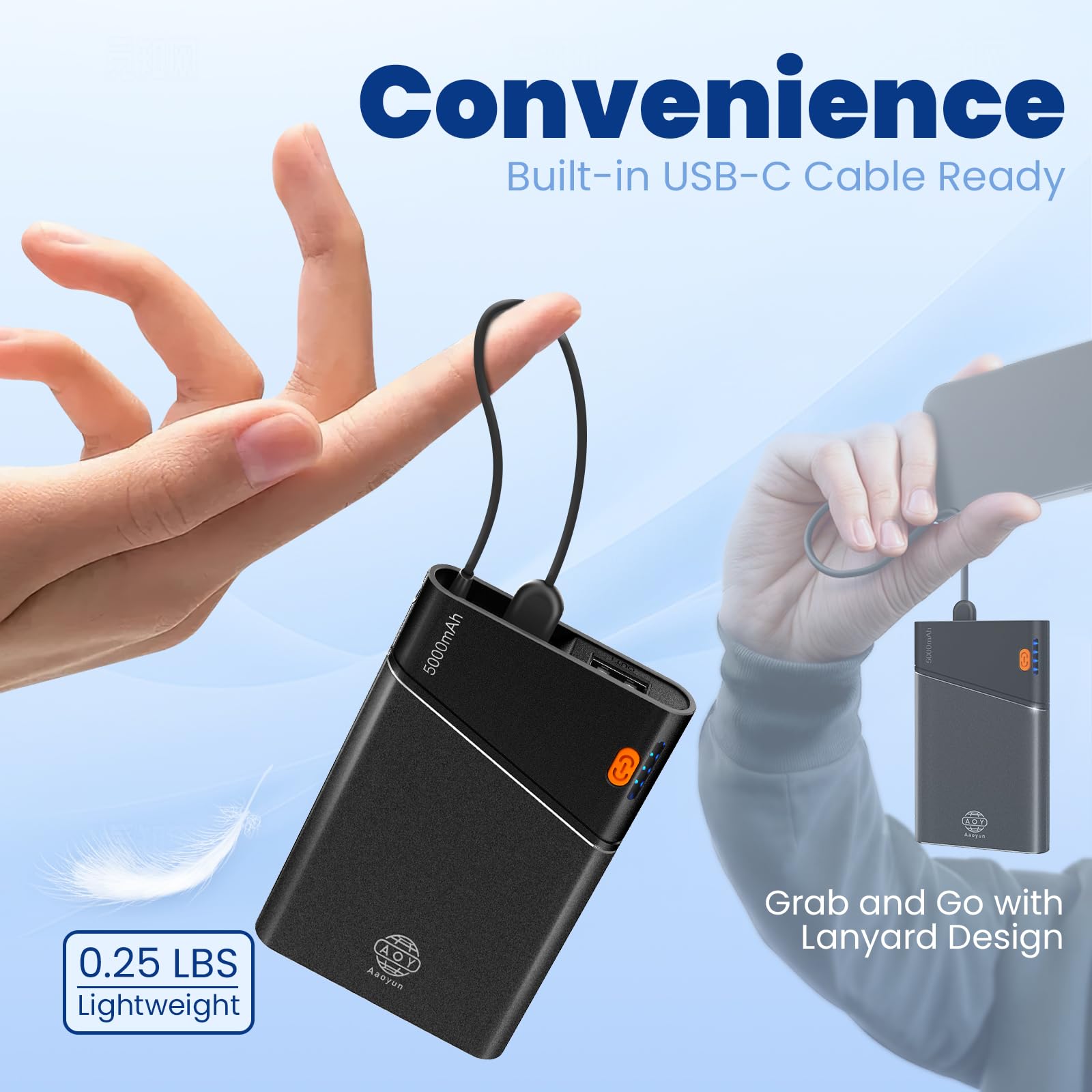 5000mAh Ultra Slim Power Bank with Built-in USB C Cable - Fast Portable Charger for iPhone 16/15/14 & Samsung S24 - Compact Mini External Battery Pack with Lanyard (Black) | Perfect for Travel, Outdoor Adventures & Daily Commute