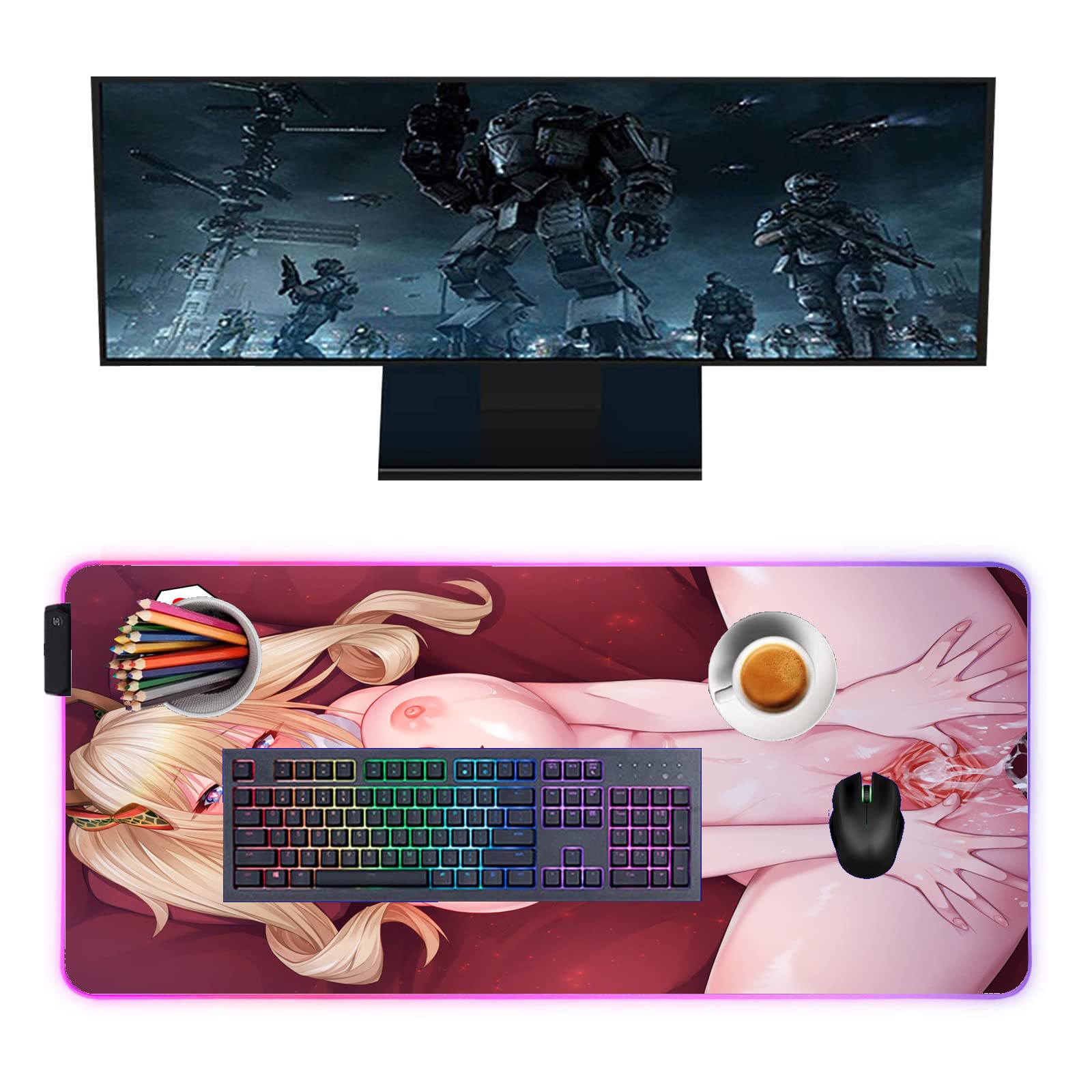 Anime Girl LED RGB Gaming Mouse Pad - 27.55 x 12 Inch Extended Mousepad with Backlit for Computer Keyboard & Desk - Perfect for PC Gaming, Office Work & Streaming Setup