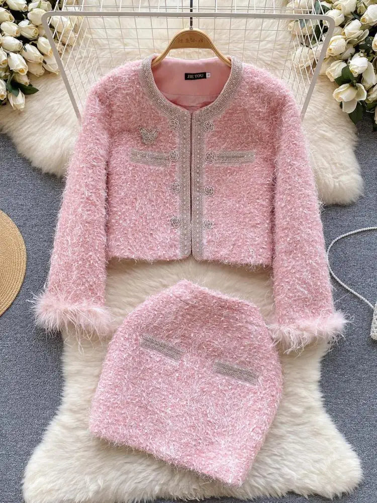 Vintage White 2-Piece Women's Outfit - Elegant Pink Round Neck Cardigan Coat & Zipper Mini Skirt Set | Fall Winter Party Fashion | Perfect for Holiday Gatherings, Date Nights & Office Wear