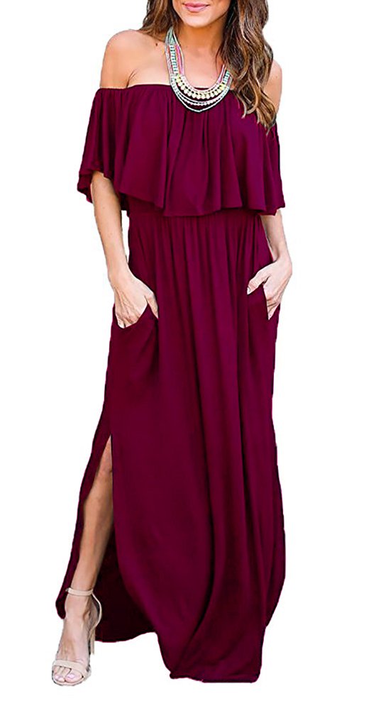 LILBETTER Women's Off The Shoulder Ruffle Party Dress with Side Slit - Flowy Beach Maxi Dress for Summer Vacations, Weddings & Date Nights