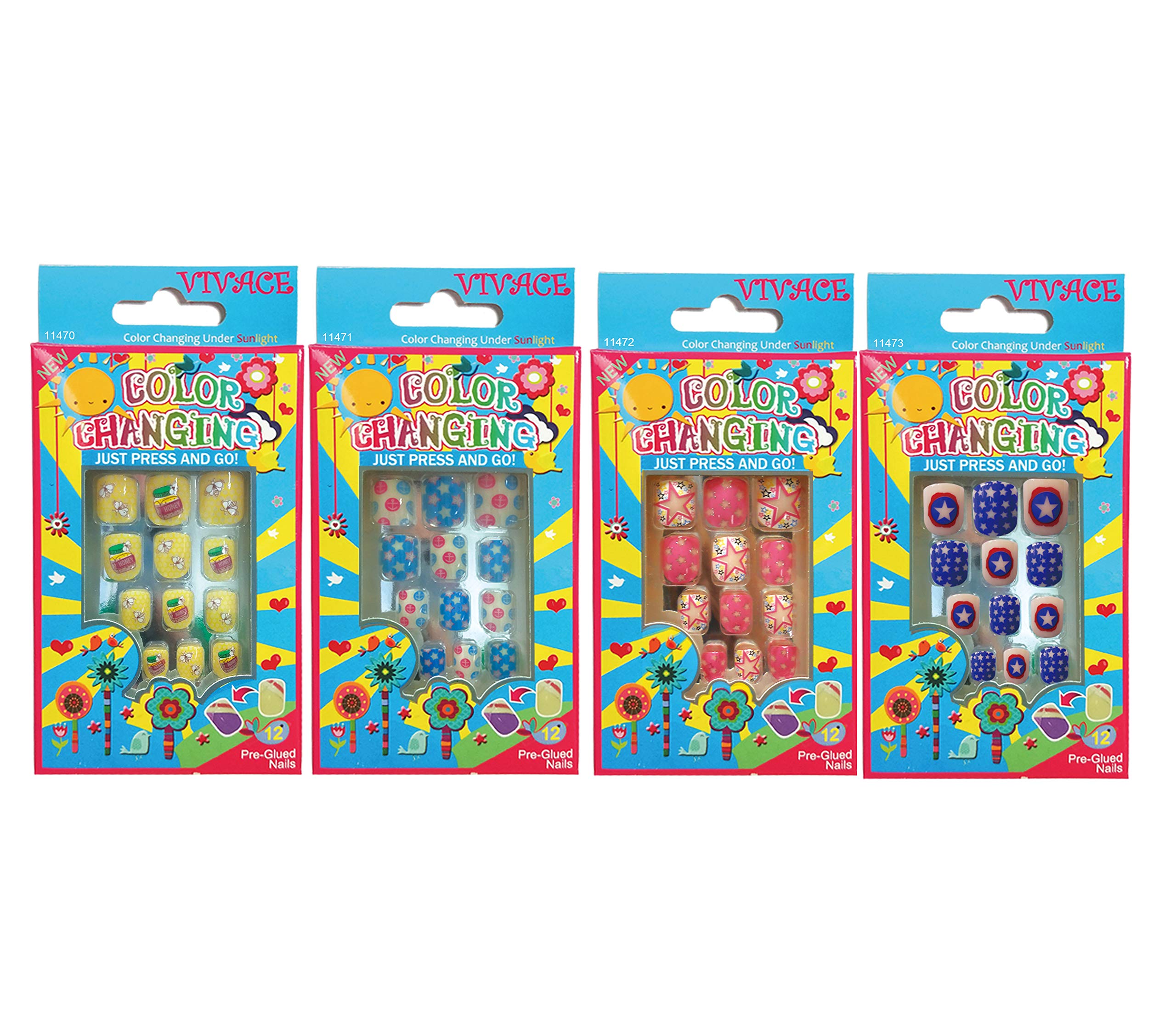 Vivace 4Pack 48 Tips Color Changing Press On Nails - Sun Activated Fake Nails with Glue for Women & Teens - Perfect for Summer, Beach, Pool Parties & Outdoor Activities