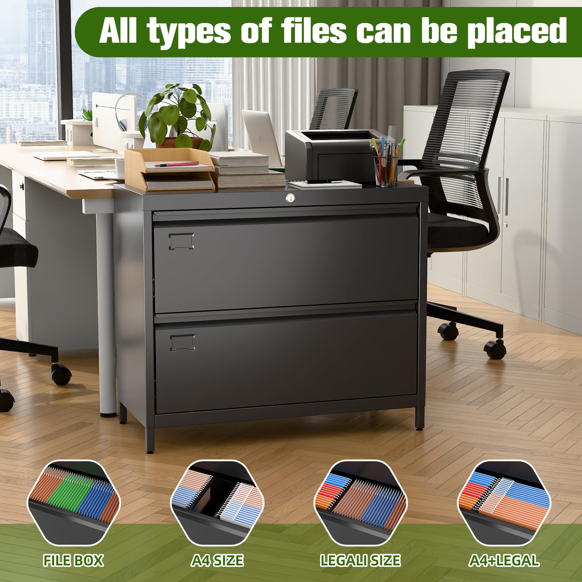2-Drawer Lateral File Cabinet - Metal Locking Filing Cabinet with Business Card Slot for Letter/Legal/F4/A4 Folders - Black Home Office School Storage Solution - Perfect for Organizing Documents in Small Spaces