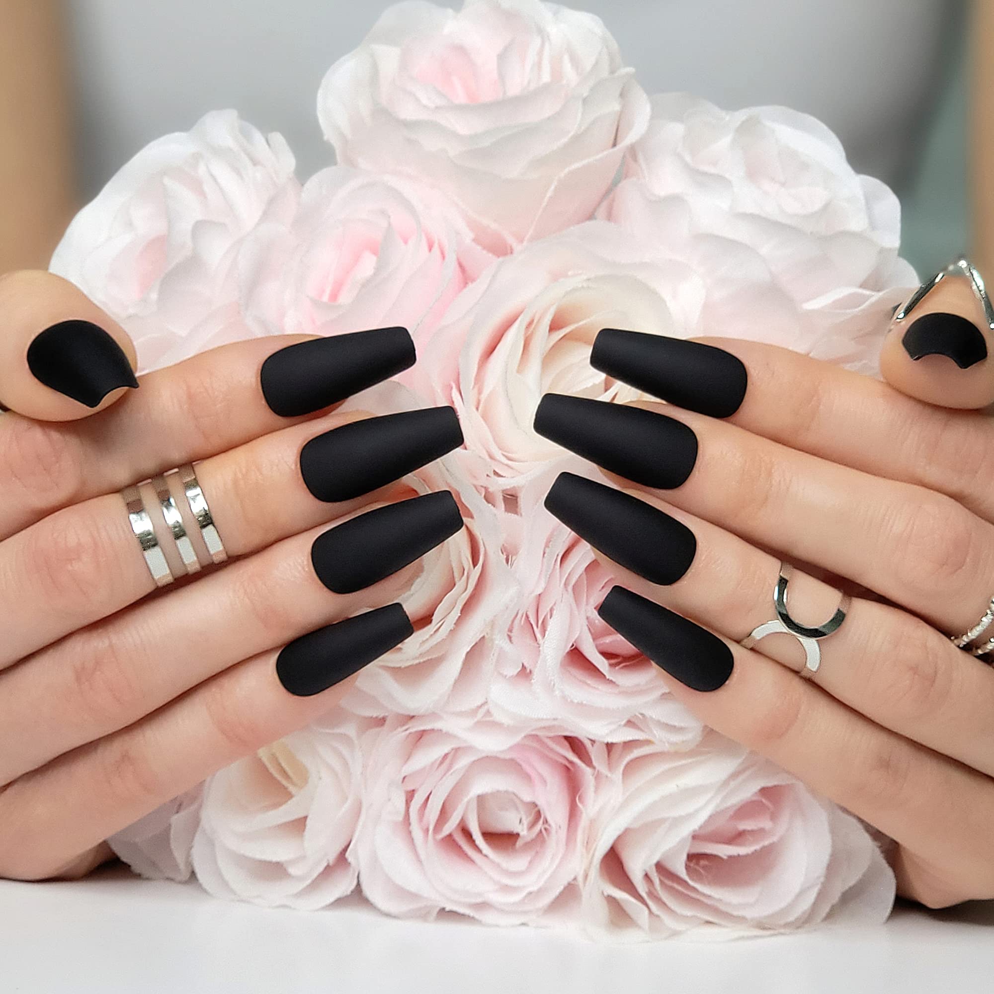 Hypnaughty 24 Pcs Black Matte Press on Nails - Medium Long Coffin False Nails with Glue, Luxury Solid Black Color (Noir) | Perfect for Parties, Weddings, and Special Occasions