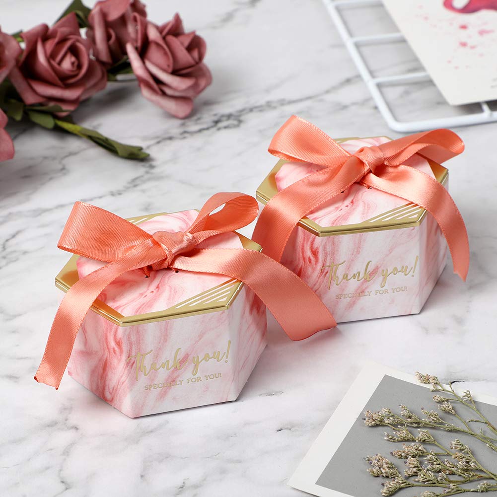 Hexagon Candy Boxes with Ribbon - 100PCS for Baby Shower, Wedding Favors & Gift Packaging (Silver)