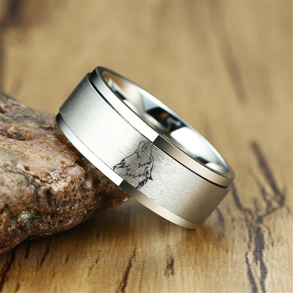 Viking Wolf Spinner Ring for Men & Women - Stainless Steel Wolf Head Anxiety Relief Ring - Fenrir Wolf Spirit Jewelry Gift - Silver Size 7 - Perfect for Stress Relief, Meditation & Wolf Lovers