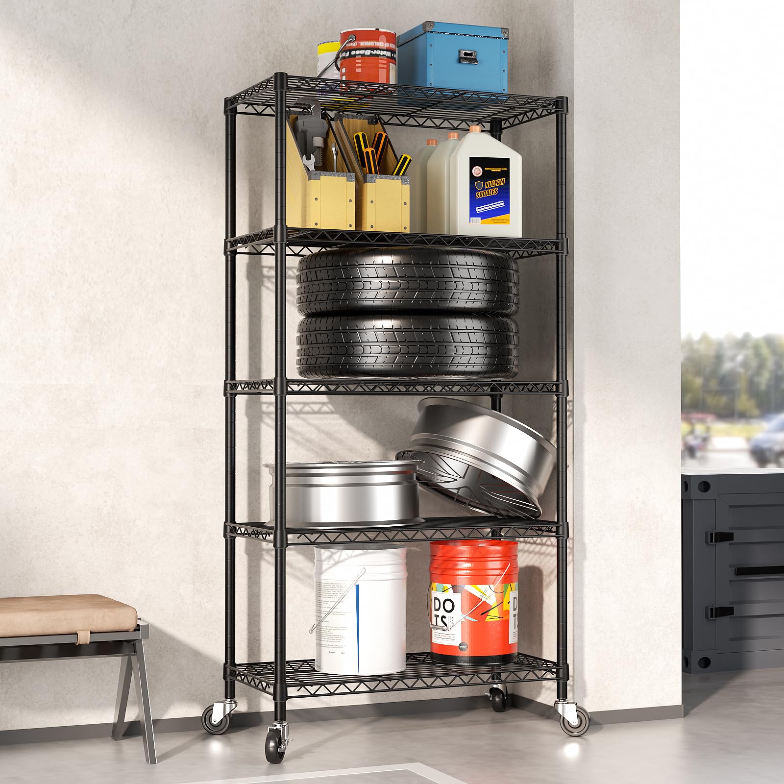 SINGAYE 5-Tier Heavy Duty Adjustable Metal Storage Shelves with Wheels - 14
