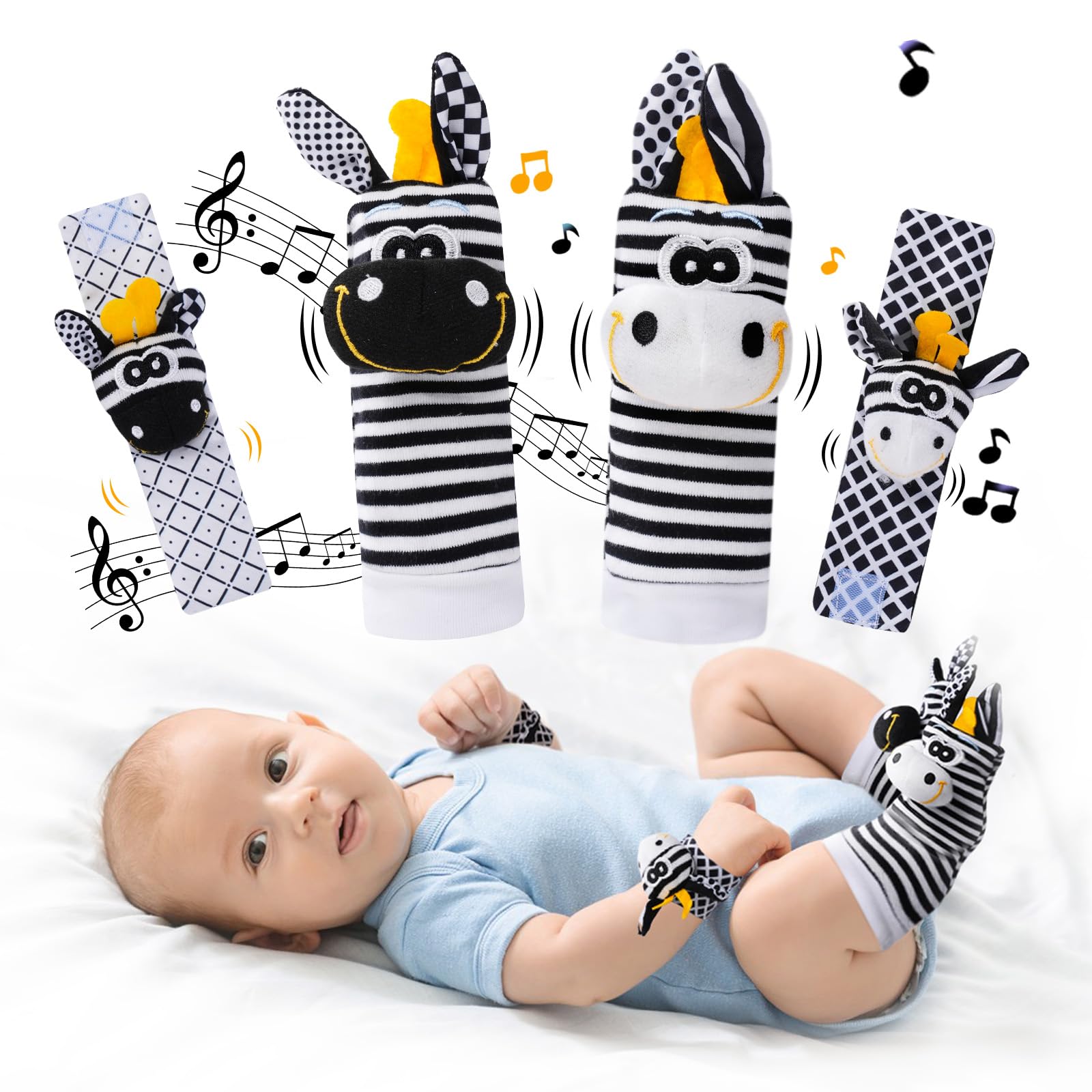 High Contrast Black and White Baby Toys for Newborns 0-6 Months - Infant Rattle Socks & Wrist Toy for Brain Development - Perfect Baby Shower Gift for Boys & Girls - Great for Tummy Time & Sensory Play