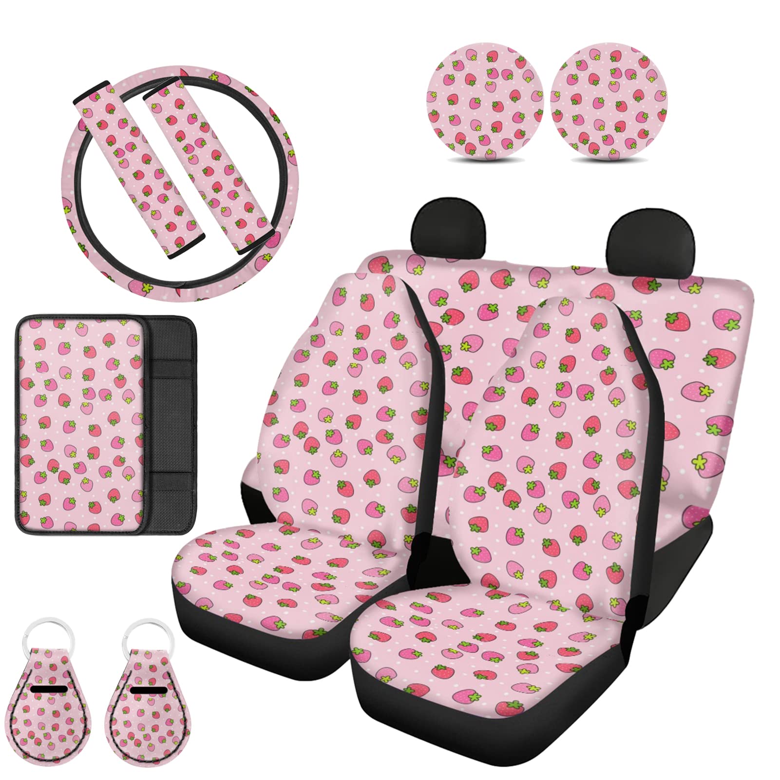 UNICEU Pink Strawberry Car Seat Covers Set - Universal Fit Car Accessories with Steering Wheel Cover, Seatbelt Pads, Armrest Cushion & Coasters - Cute Floral Design for Women's Cars - Perfect for Daily Commute, Road Trips & Gift Giving