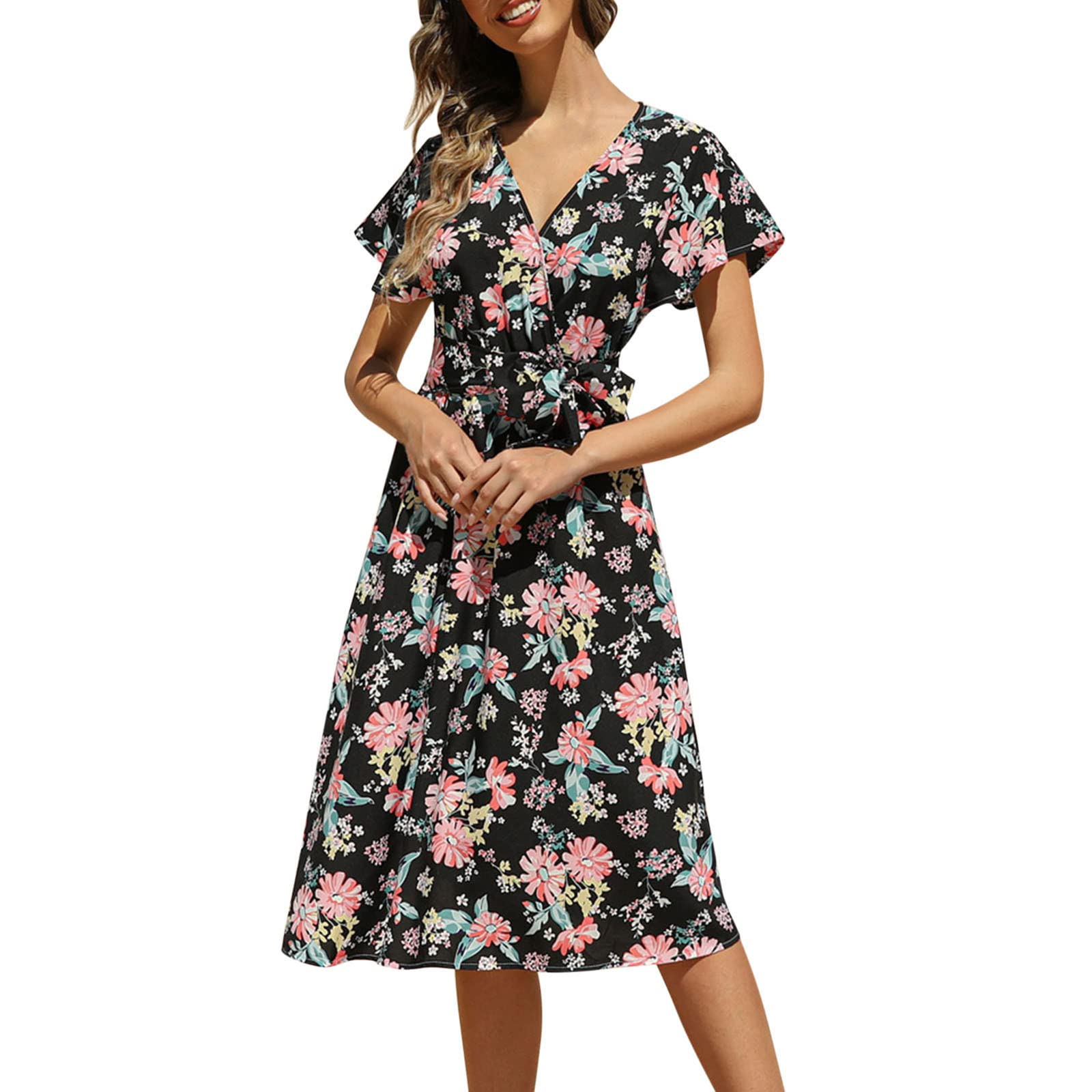 Women's Green Midi Dress - Floral Printed Bohemian V-Neck Casual Dress, Elegant & Sexy A-Line Short Dress for Summer, Beach, Party & Date Night