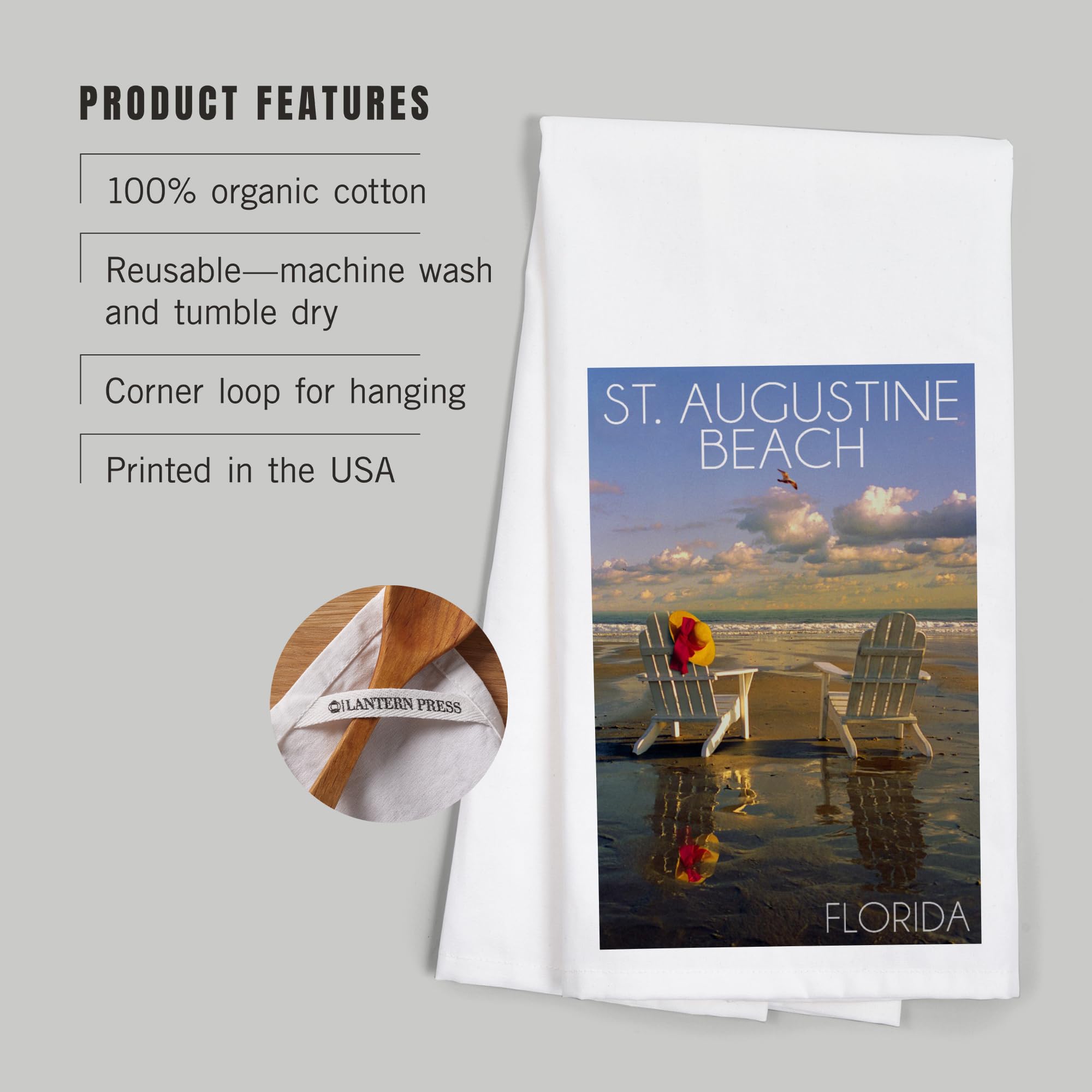 Lantern Press St. Augustine Florida Beach Adirondack Chairs 100% Cotton Tea Towel - Decorative Kitchen Hand Towel for Home Decor, Dish Drying & Coastal Themed Gifts