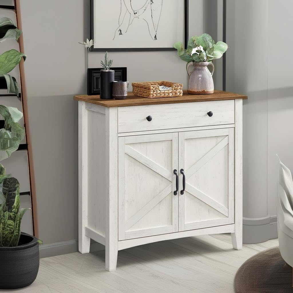 VASAGLE LIRY Buffet Cabinet - Rustic White & Honey Brown Coffee Bar Sideboard with Adjustable Shelf, Drawer Divider & Cable Hole | Perfect for Dining Room Storage, Kitchen Organization & Living Room Decor | UBBK341W01