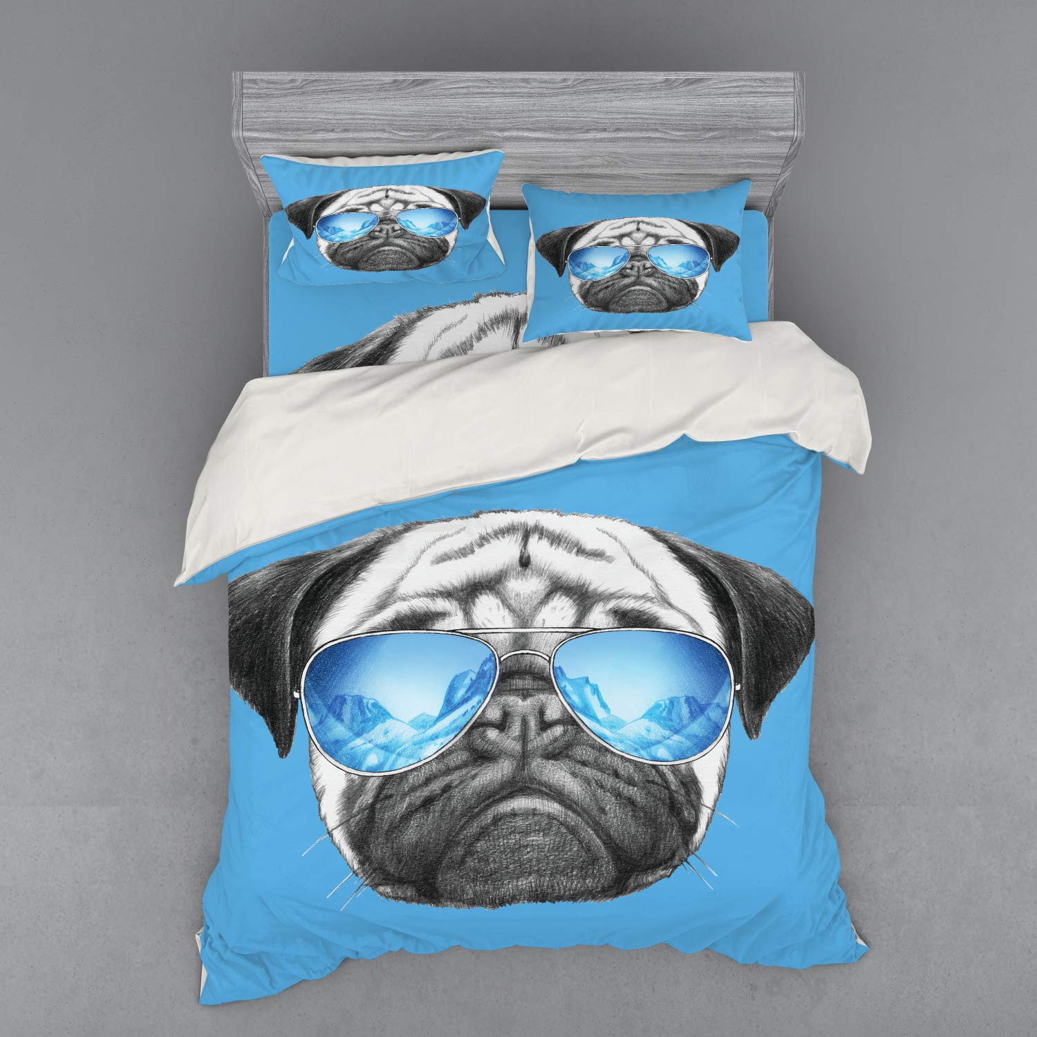 Ambesonne Pug Duvet Cover Set - Queen Size 4-Piece Bedding with Shams & Fitted Sheet | Hand-Drawn Funny Pug Portrait with Sunglasses in Pearl Blue & Black | Perfect for Pet Lovers' Bedroom Decor & Gift Ideas