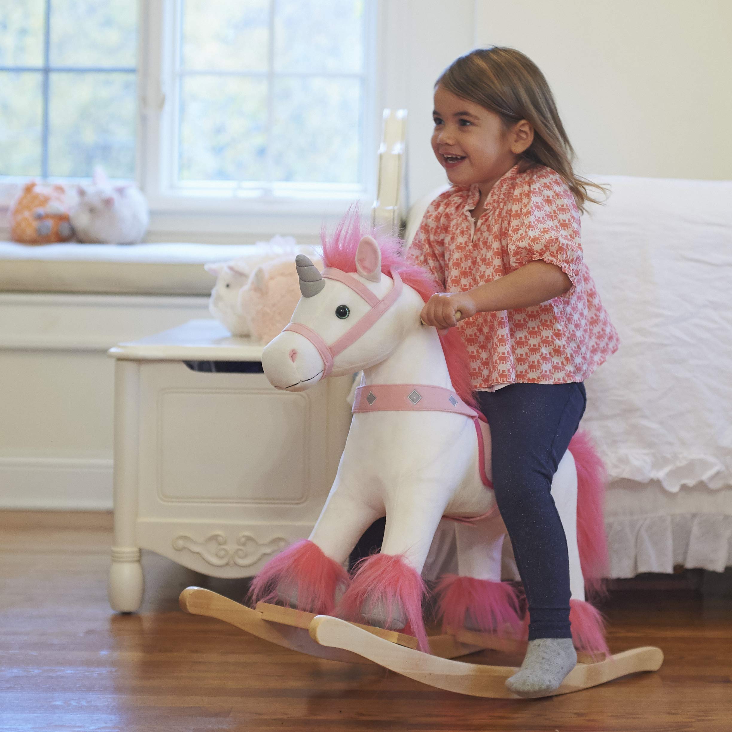 White and Pink Unicorn Wooden Ride-On Rocker Toy for Kids Ages 3+ | Real Wood Plush Rocking Horse | Perfect for Nursery, Playroom & Gift for Toddlers