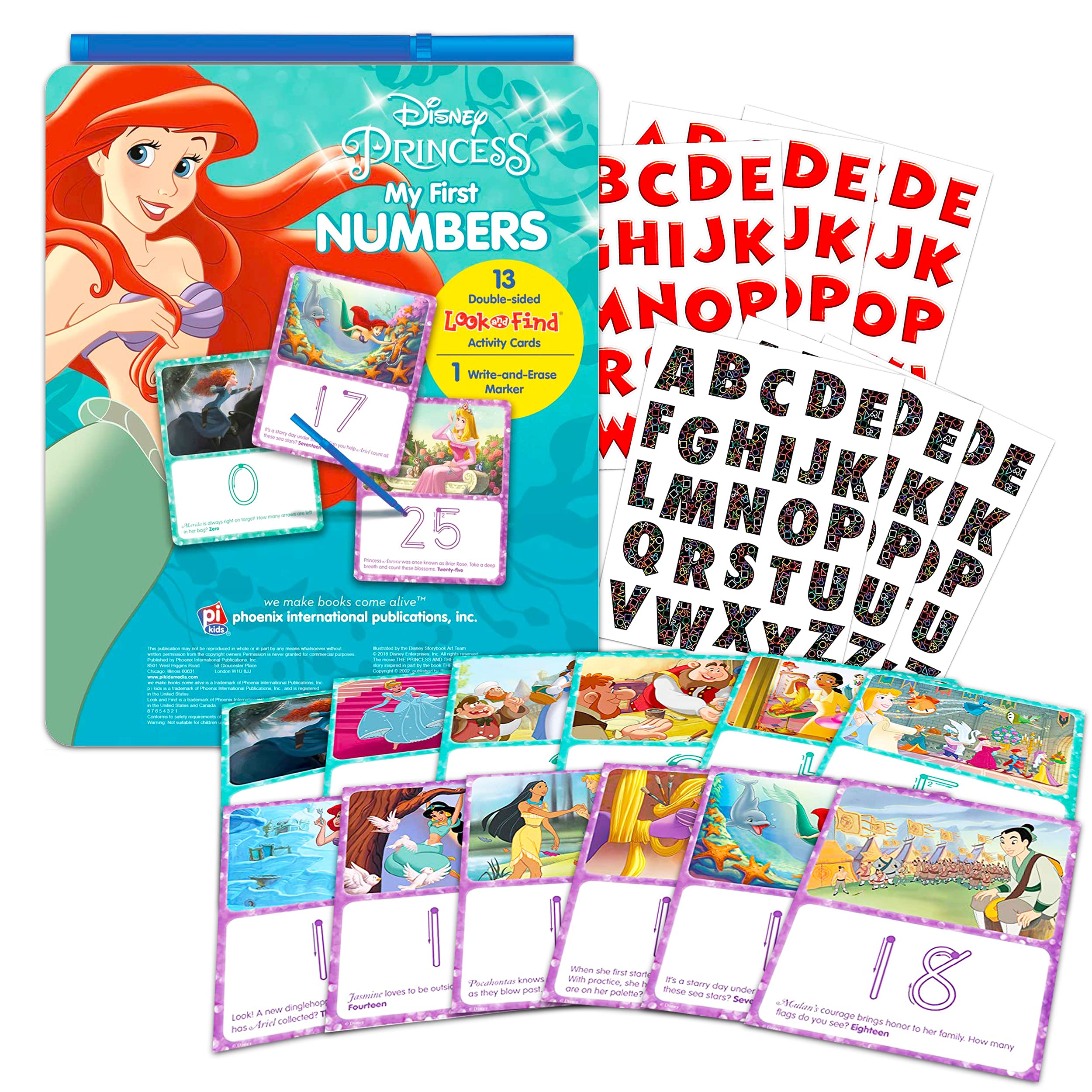 Disney Princess Learning Flash Cards Bundle - 14 Pc Educational Activity Set with Numbers, Alphabet Stickers & Mickey Mouse for Kids | Perfect for Preschool Learning, Homeschooling & Disney-Themed Classroom Activities