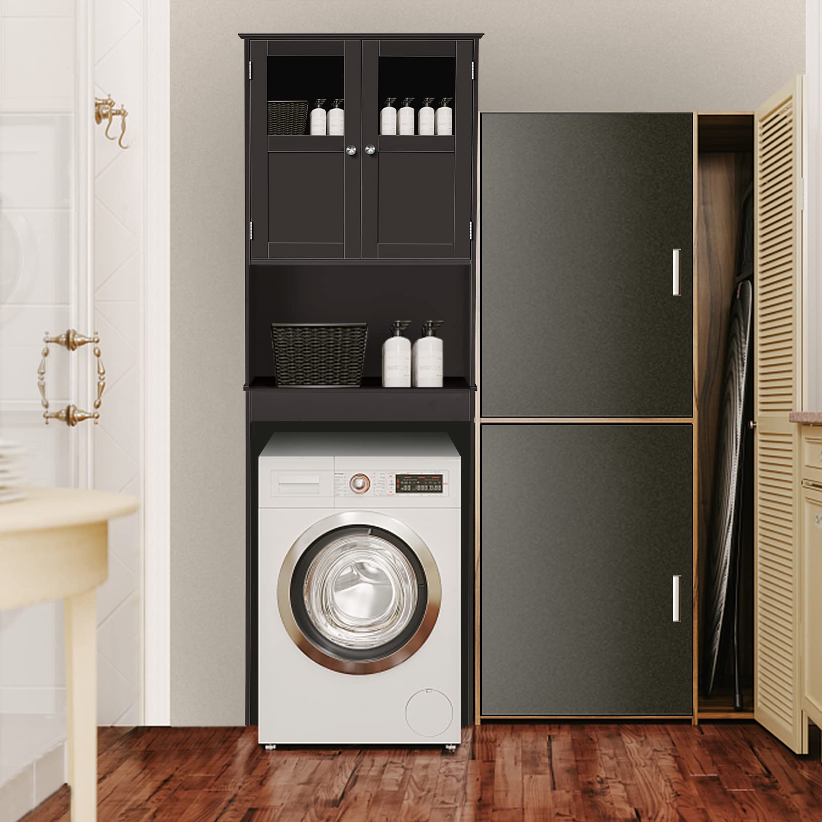 Bonnlo Over The Toilet Storage Cabinet - Freestanding Bathroom Organizer with Double Door Glass Window & Adjustable Shelves - Space Saving Towel Shelf for Toilet Paper, Cosmetics & Bath Essentials (Brown) - Perfect for Small Bathrooms, Apartments & Powder Rooms