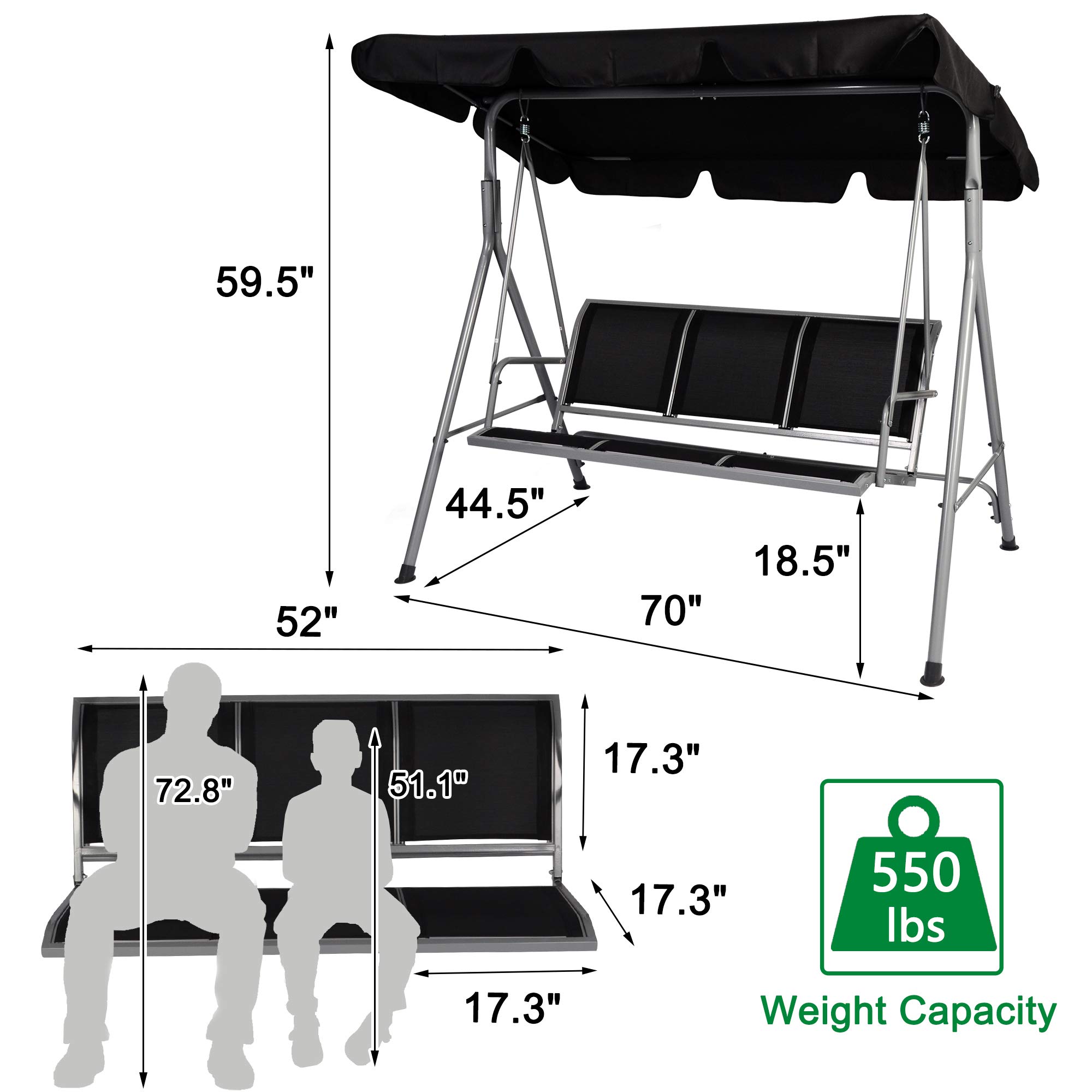 3-Person Outdoor Patio Swing with Cooling Mesh Seat & Adjustable Canopy - Steel Frame Swing Glider Bench for Garden, Deck, Backyard - Perfect for Relaxing, Lounging & Outdoor Entertaining