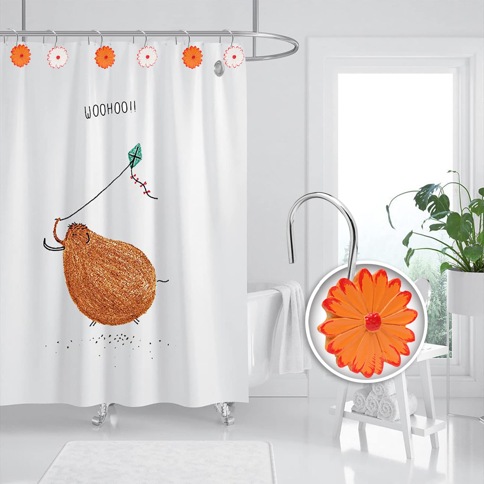 BEAVO Rustproof Resin Rose Flower Shower Curtain Hooks - Set of 12 Decorative Bathroom Hooks for Shower Rods & Curtains - Sunflower Design - Perfect for Home, Hotel, and Spa Bathroom Decor