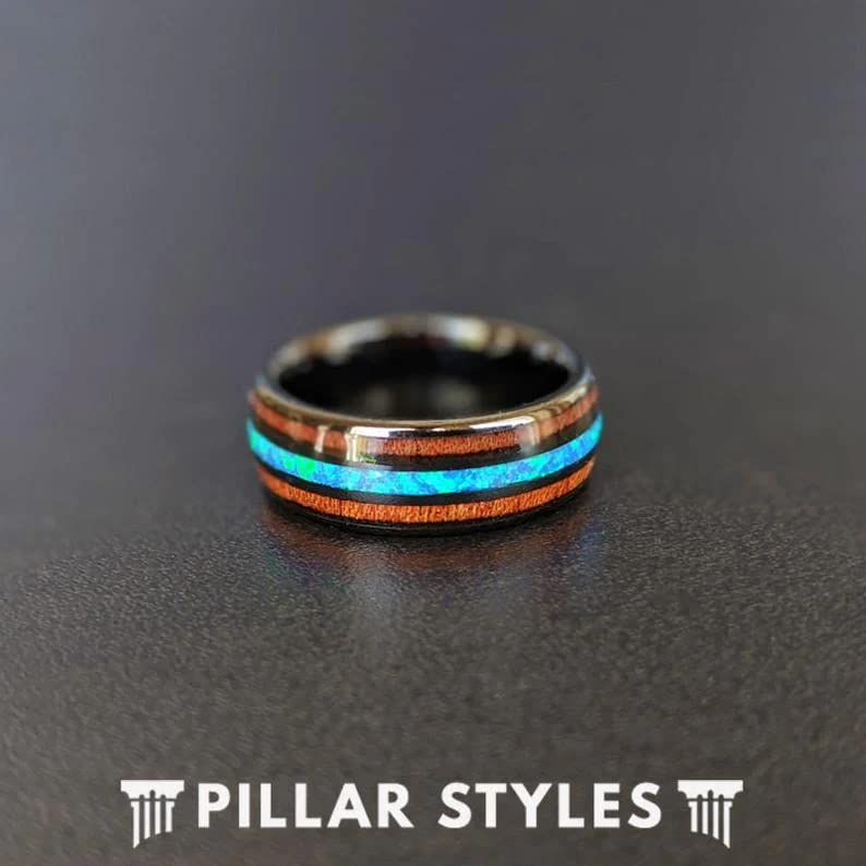 Black Opal Wedding Band for Men - 8mm Tungsten & Hawaiian Koa Wood Ring with Blue Opal Inlays | Unique Comfort Fit Tropical Style Jewelry | Perfect for Anniversary Gifts, Beach Weddings & Hawaiian-Themed Events