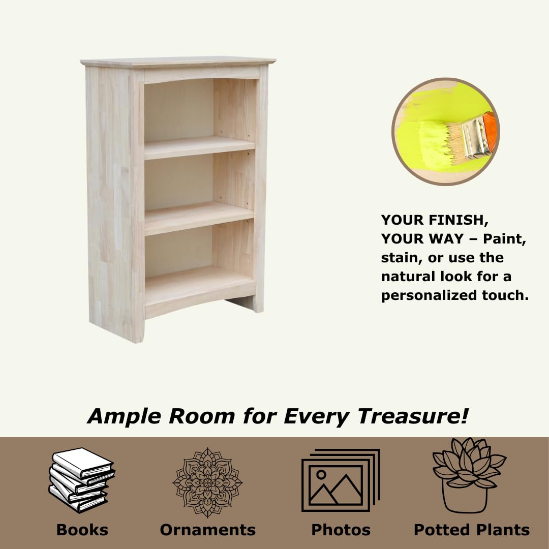 IC International Concepts 36-Inch Shaker Bookcase - Solid Wood Storage Organizer for Home & Office | Durable Unfinished Shelf for Living Room, Bedroom or Study