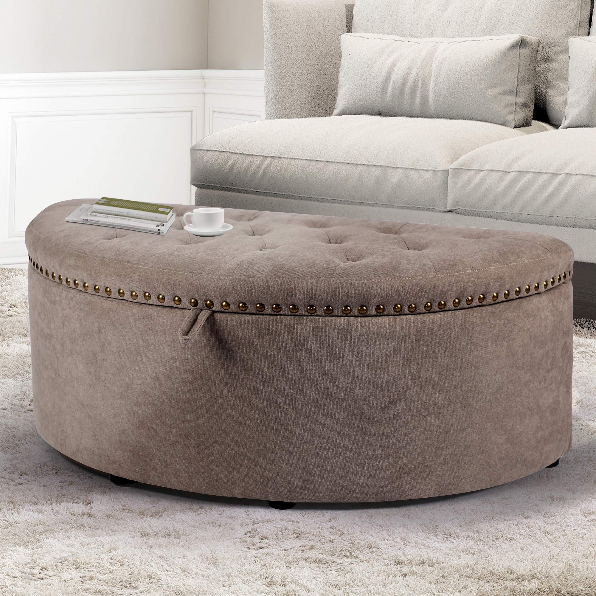 NOBPEINT Half Moon Modern Storage Ottoman Bench - Upholstered Bed End Bench with Storage, Gray - Perfect for Bedroom, Living Room & Entryway Organization