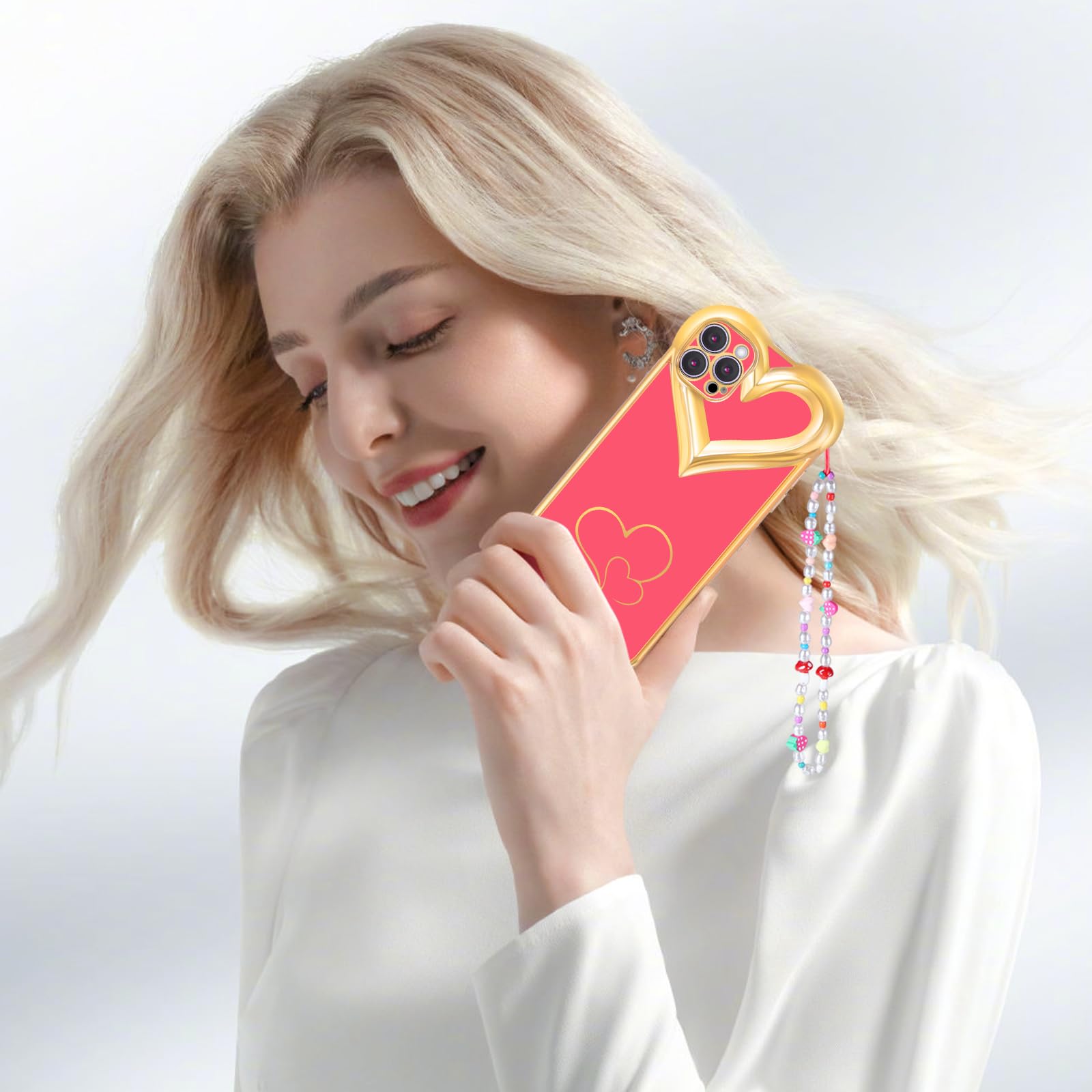**Phonebliss 2-in-1 Cute Heart Plating iPhone 13 Pro Max Case with Chain - Aesthetic Girly Design for Women & Girls (Red) | Perfect for Everyday Use, Travel & Fashion Accessories**