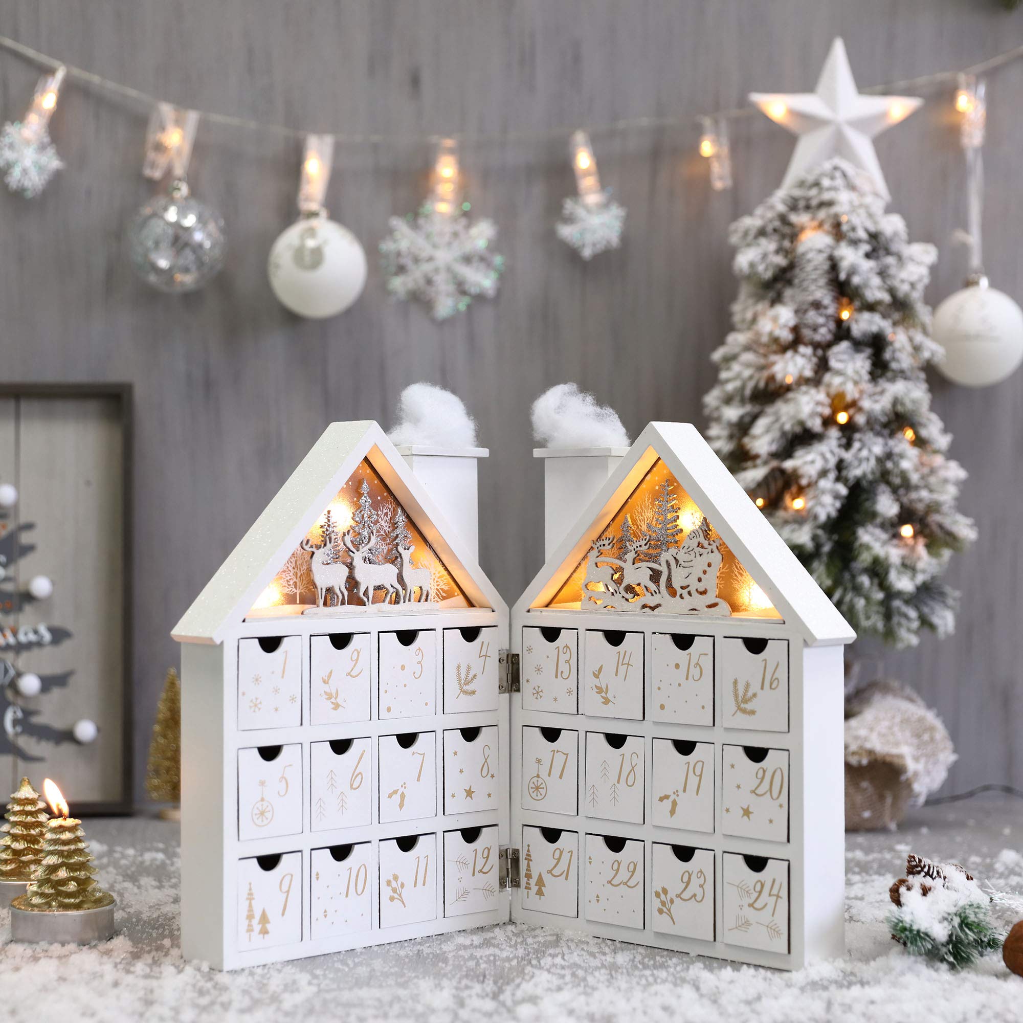 Wooden Christmas Advent Calendar House with 24 Drawers & LED Lights - Holiday Countdown Calendar for Christmas Decorations 2023, Candy Storage Box (White Forest) - Perfect for Home, Office & Gift Giving