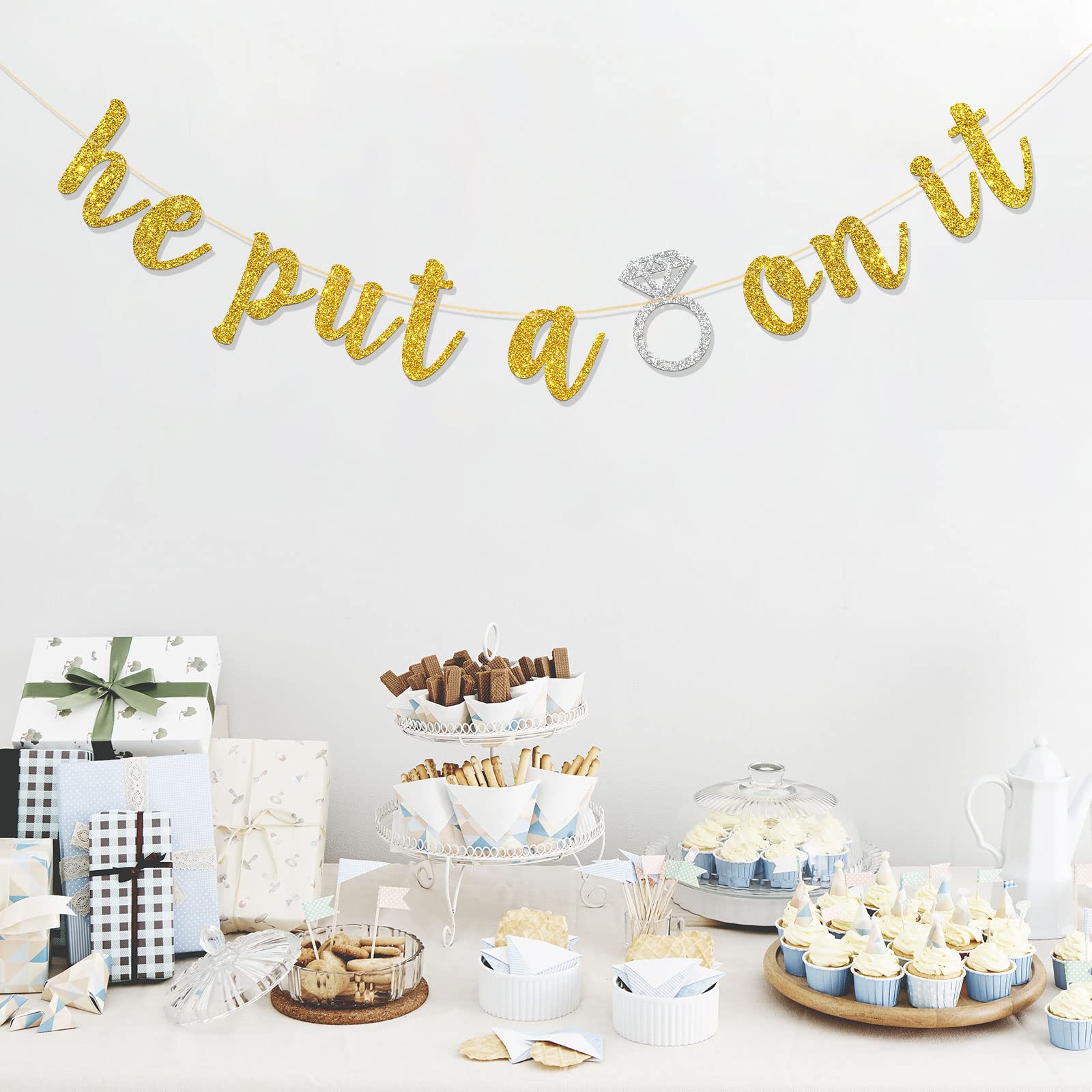 Gold Glitter 'He Put a Ring on It' Banner - Engagement Party Decor, Bachelorette & Bridal Shower Garland - Wedding Celebration Supplies - Perfect for Bridal Showers, Bachelorette Parties & Wedding Receptions