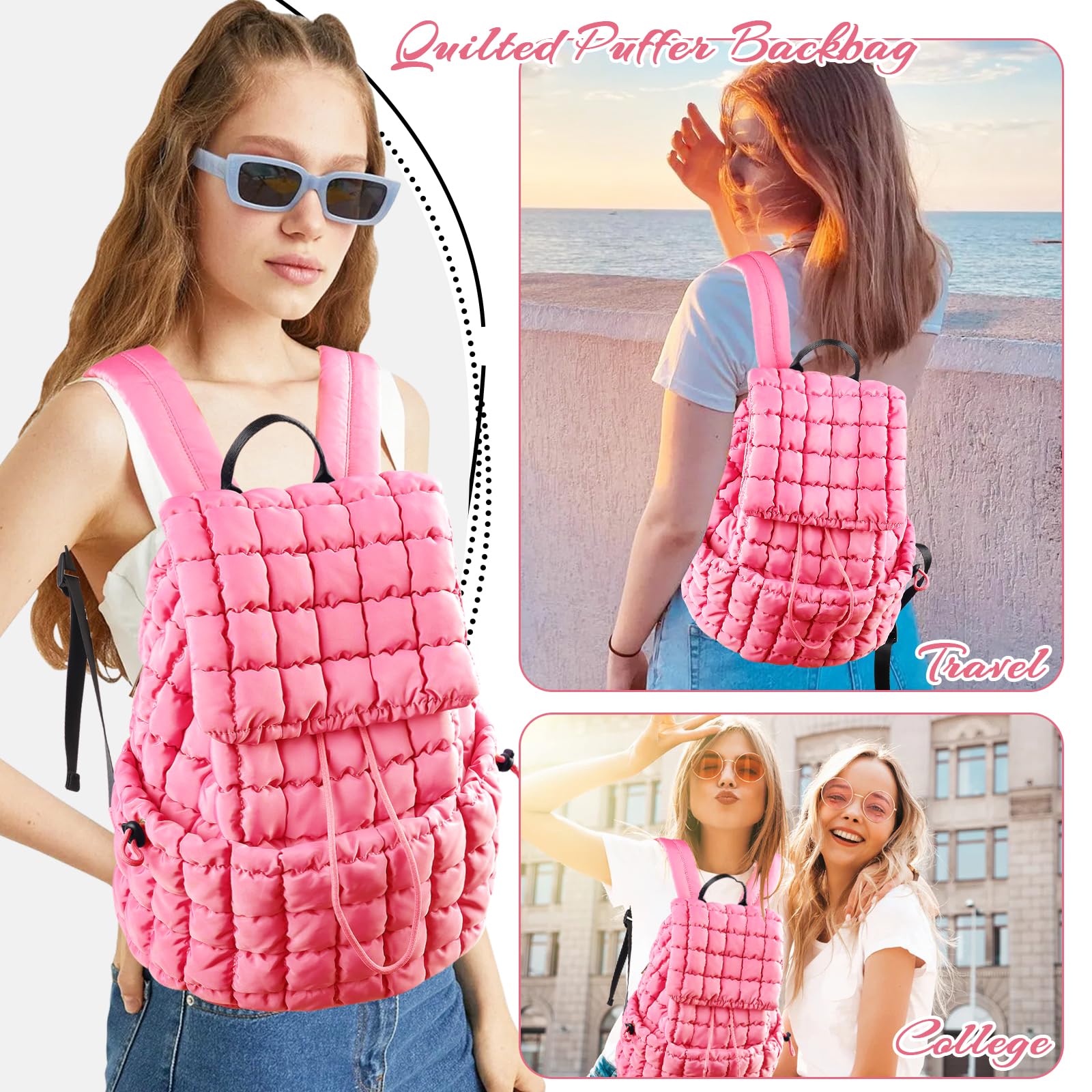 Iqimott Quilted Puffer Backpack for Women - Stylish Nylon Casual Daypack, Lightweight Hiking & Gym Bag with Adjustable Drawstring - Perfect for Travel, School & Outdoor Activities (Pink)