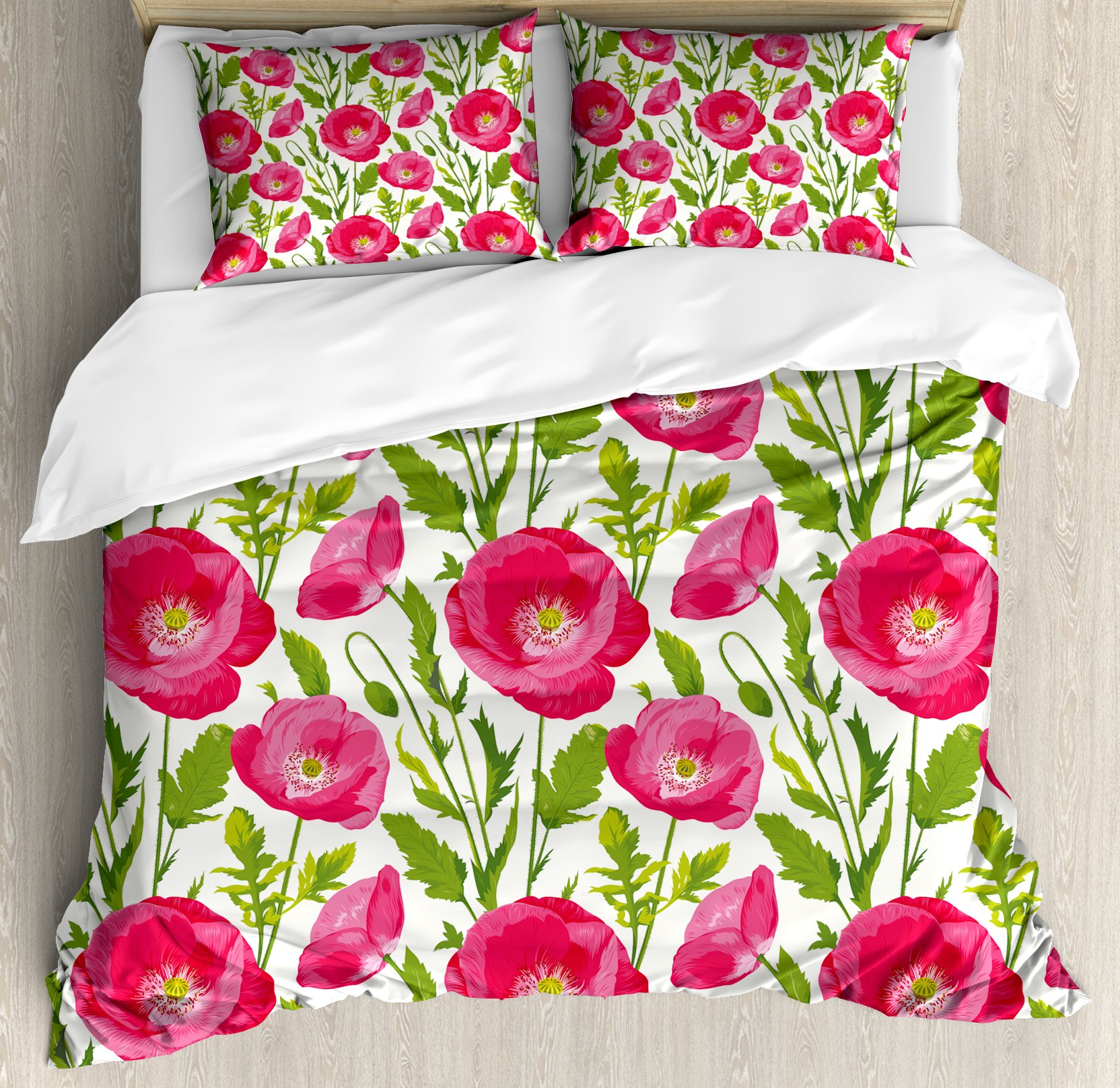 Ambesonne Poppy Flower Duvet Cover Set - King Size 3-Piece Bedding with 2 Pillow Shams, Green Pink Cream Watercolor Leaves & Petals Design, Romantic Valentine's Day Decor - Perfect for Master Bedroom, Guest Room & Cozy Home Decor