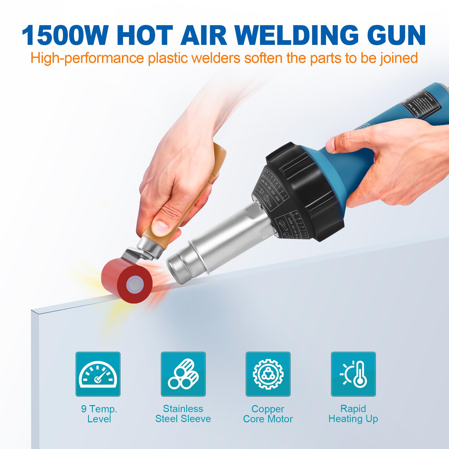 1500W Hot Air Plastic Welder Kit - Handheld Heat Gun for Vinyl, PVC, TPO Roofing & Plastic Welding with Multiple Nozzles | Perfect for DIY Repairs, Automotive, Marine & Construction Projects
