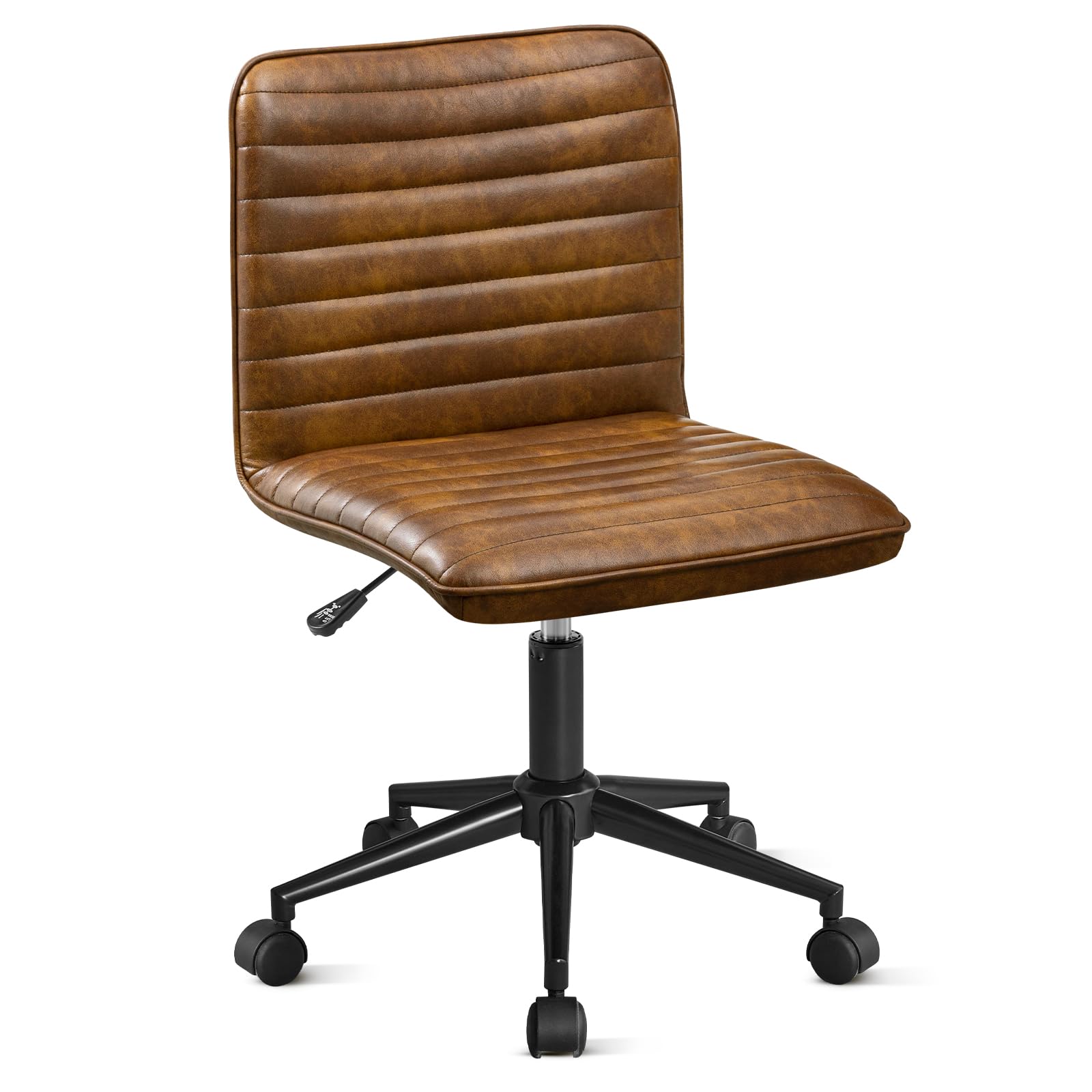 Furniliving Genuine Leather Home Office Chair - Armless Vanity Desk Task Chair with 360° Swivel Wheels & Adjustable Height - Modern Computer Rolling Chair with Gold Metal Base - Perfect for Home Office, Study Room, and Workspace