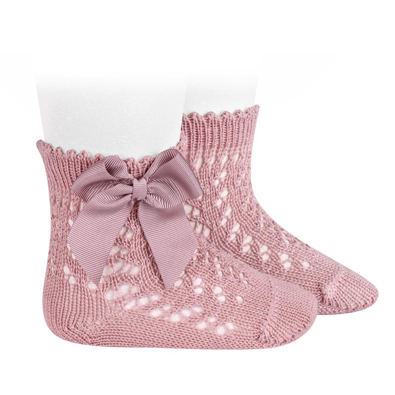 Dusky Pink Ankle Socks with Openwork Bow Design - Women's Fashion Socks for Casual Wear, Office, and Special Occasions