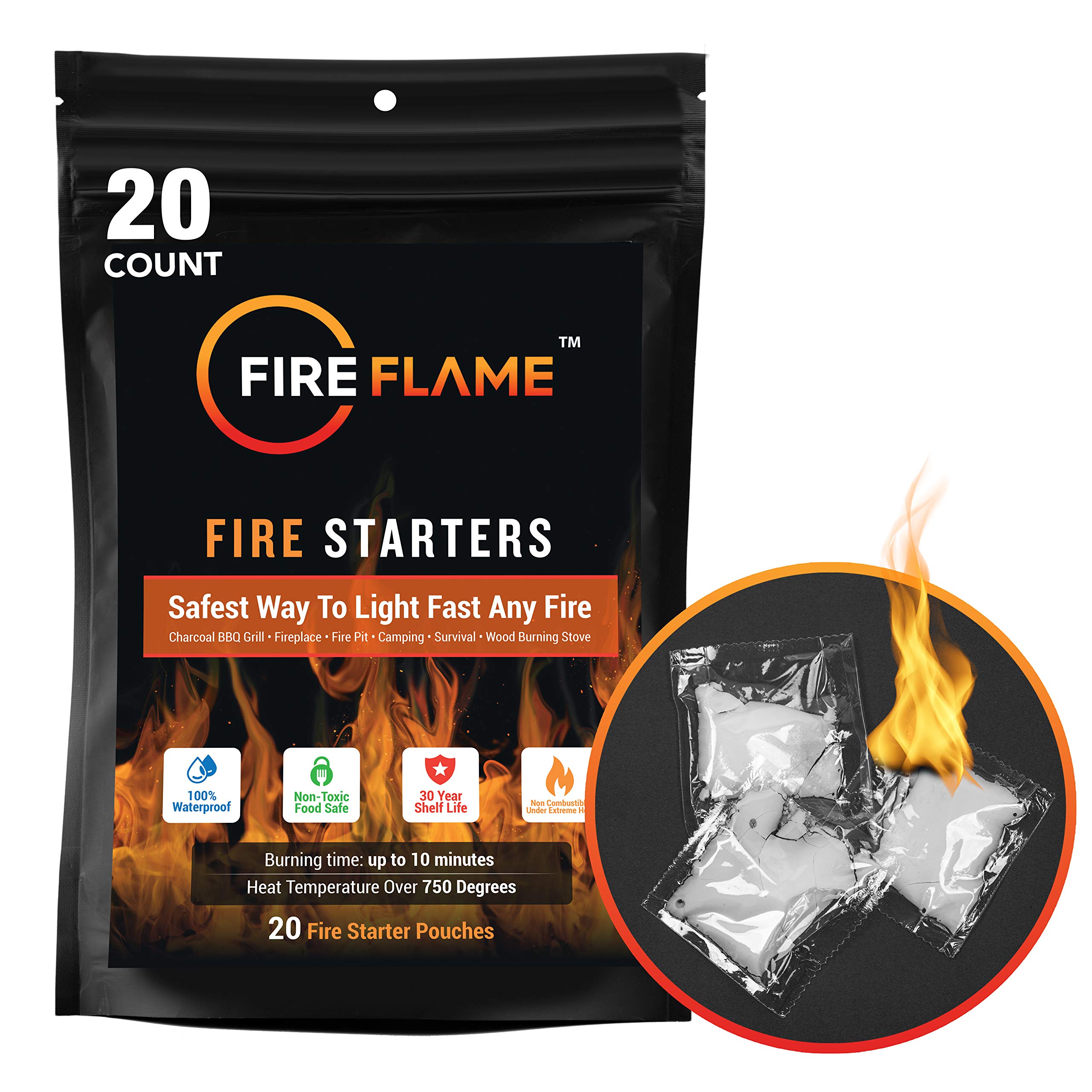 FireFlame Quick Instant Fire Starter - 100% Waterproof Fire Starter for Indoor & Outdoor Use | Charcoal Starter, Campfire, Fireplace, Firepit, Smoker | Odorless, Non-Toxic | 20-Pack | Perfect for Camping, BBQ, Emergency & Survival Kits