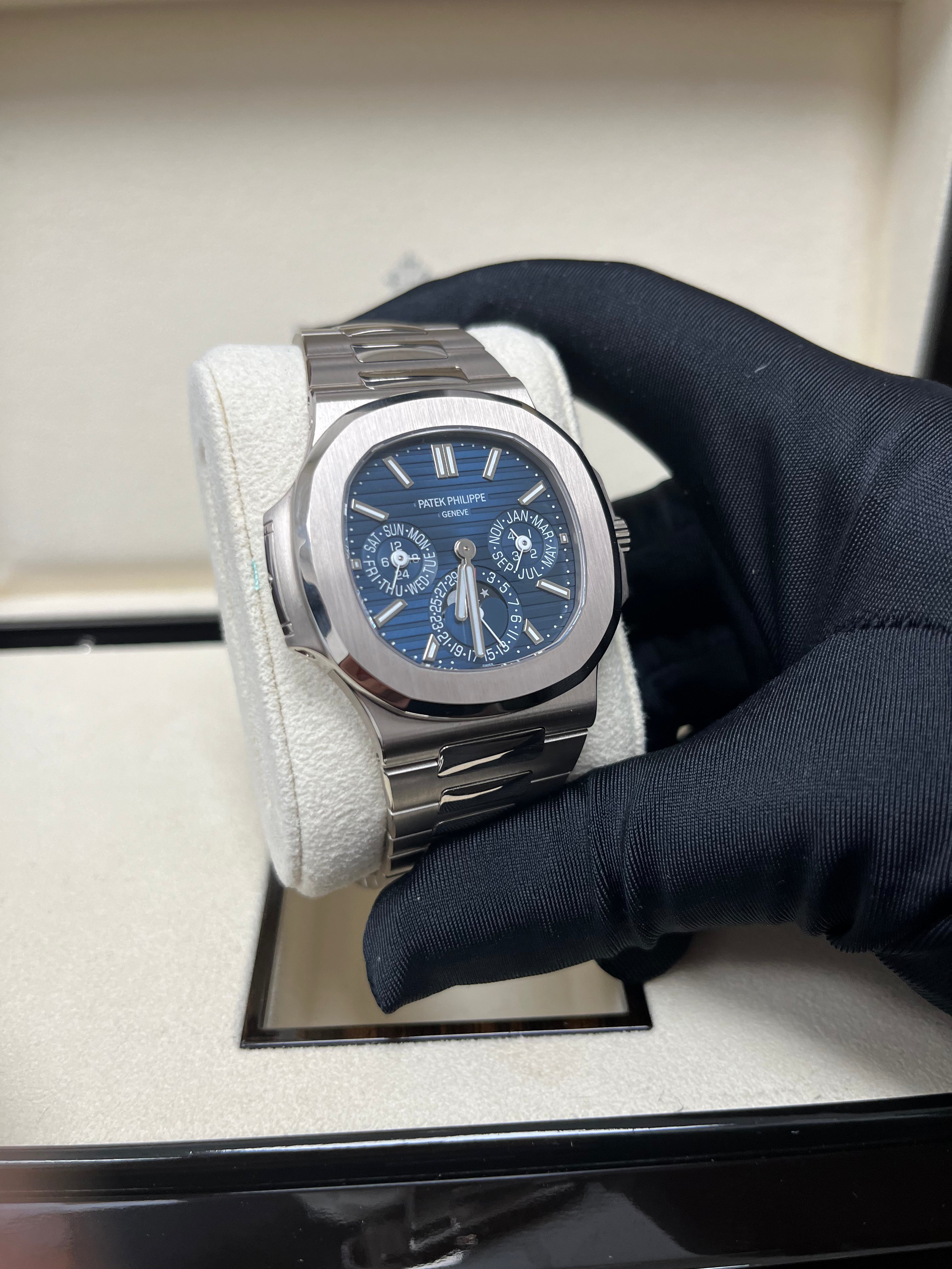 Patek Philippe Nautilus Perpetual Calendar Watch - 18K White Gold Case, Blue Sunburst Dial (Ref#5740/1G-001) | Luxury Swiss Timepiece for Men, Business Meetings & Special Occasions
