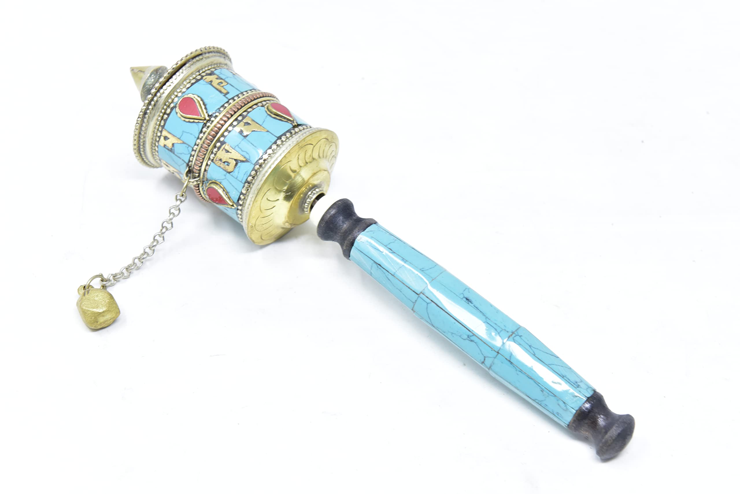 Authentic Tibetan Buddhist Prayer Wheel with Turquoise Coral - Handcrafted Spiritual Meditation Tool for Home Altar & Yoga Practice