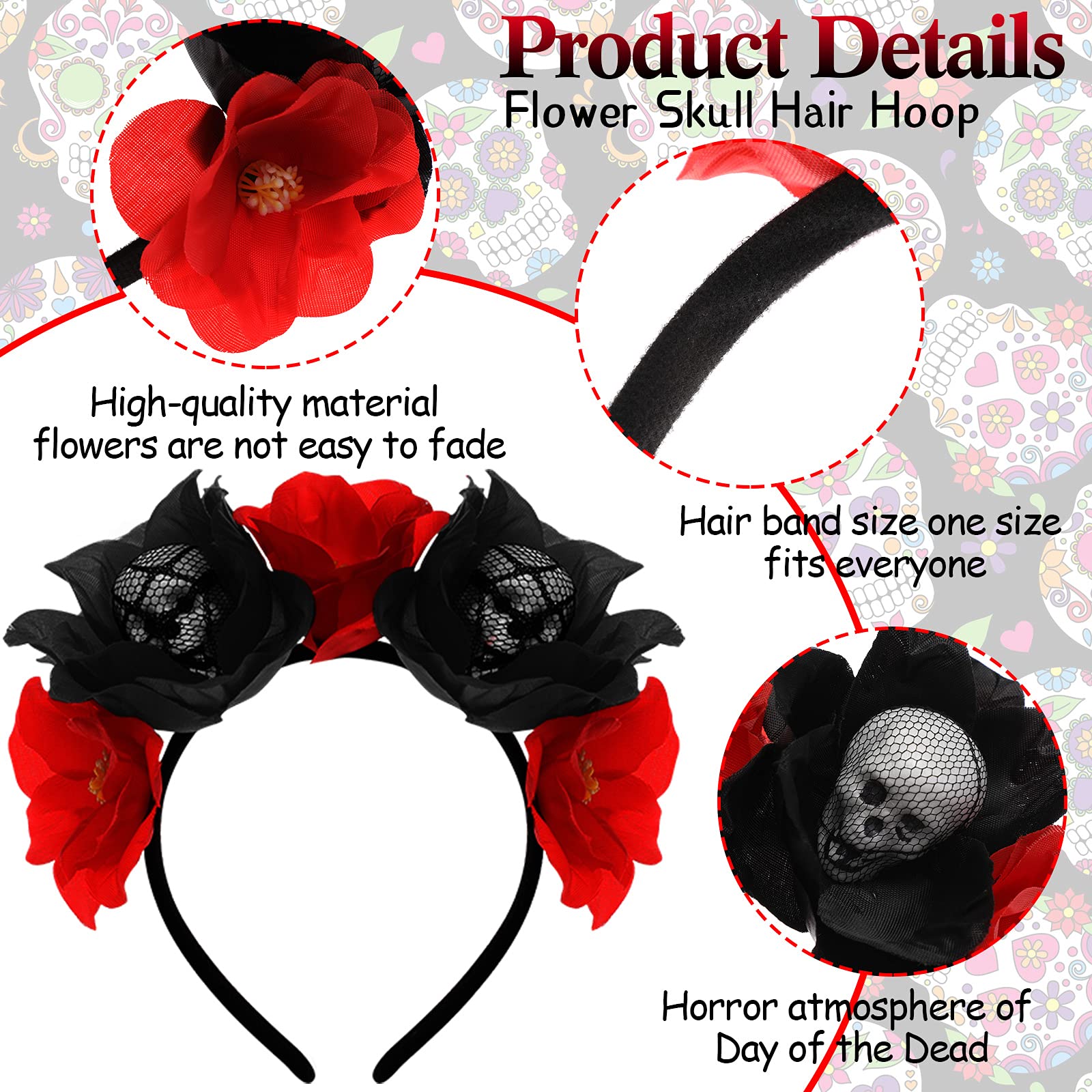 3-Piece Day of the Dead Headband with Rose Floral Crown & Skull Hair Hoop + 9-Piece Spider Web Tattoo Stickers - Halloween Costume Accessories for Women & Men - Perfect for Parties, Cosplay, and Festive Celebrations