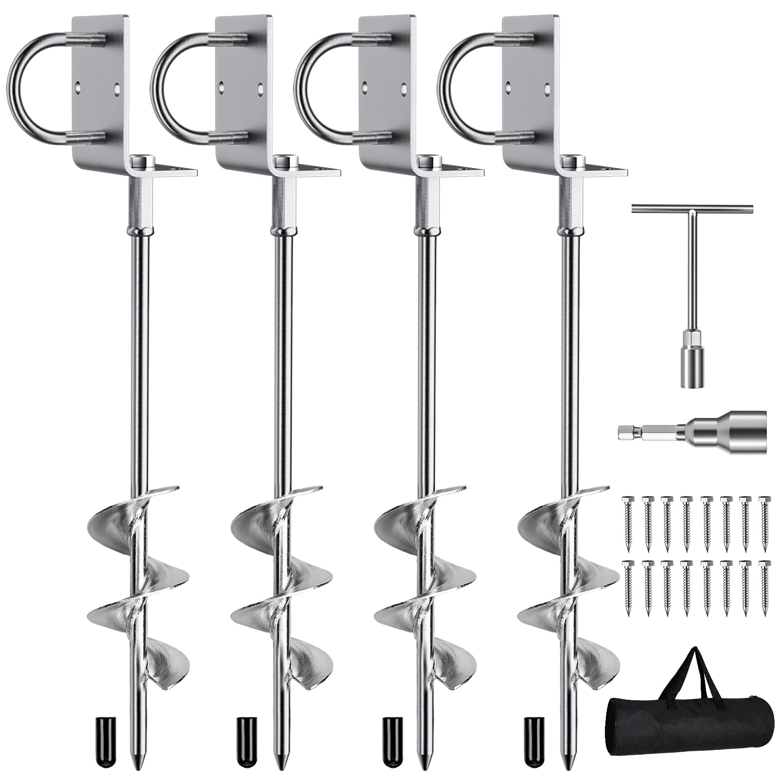 Heavy Duty Multi-Purpose Ground Anchors Screw - Fully Welded Trampoline Stakes with Brackets, T-Wrench & Drill Adapter - Earth Anchor Kit for Mobile Homes, Trampolines, Sheds & Outdoor Equipment - Secure Your Trampoline, Shed or RV in All Weather Conditions