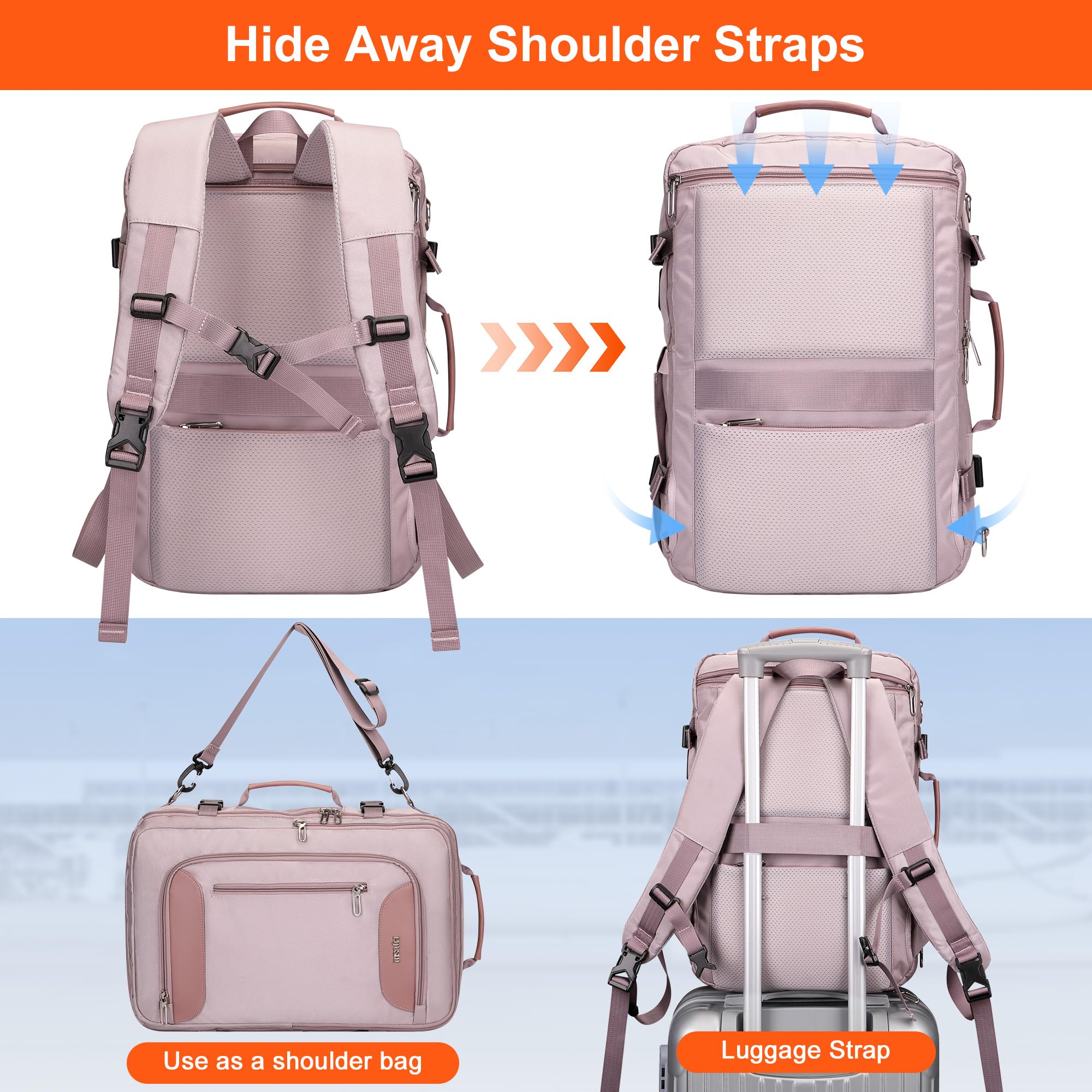 PIJUSHI Women's Light Purple Travel Backpack - 16 Inch Flight Approved Carry-On Laptop Backpack with Shoe Compartment & USB Charging Port (PE038) - Perfect for Business Trips, College Commute & Weekend Getaways