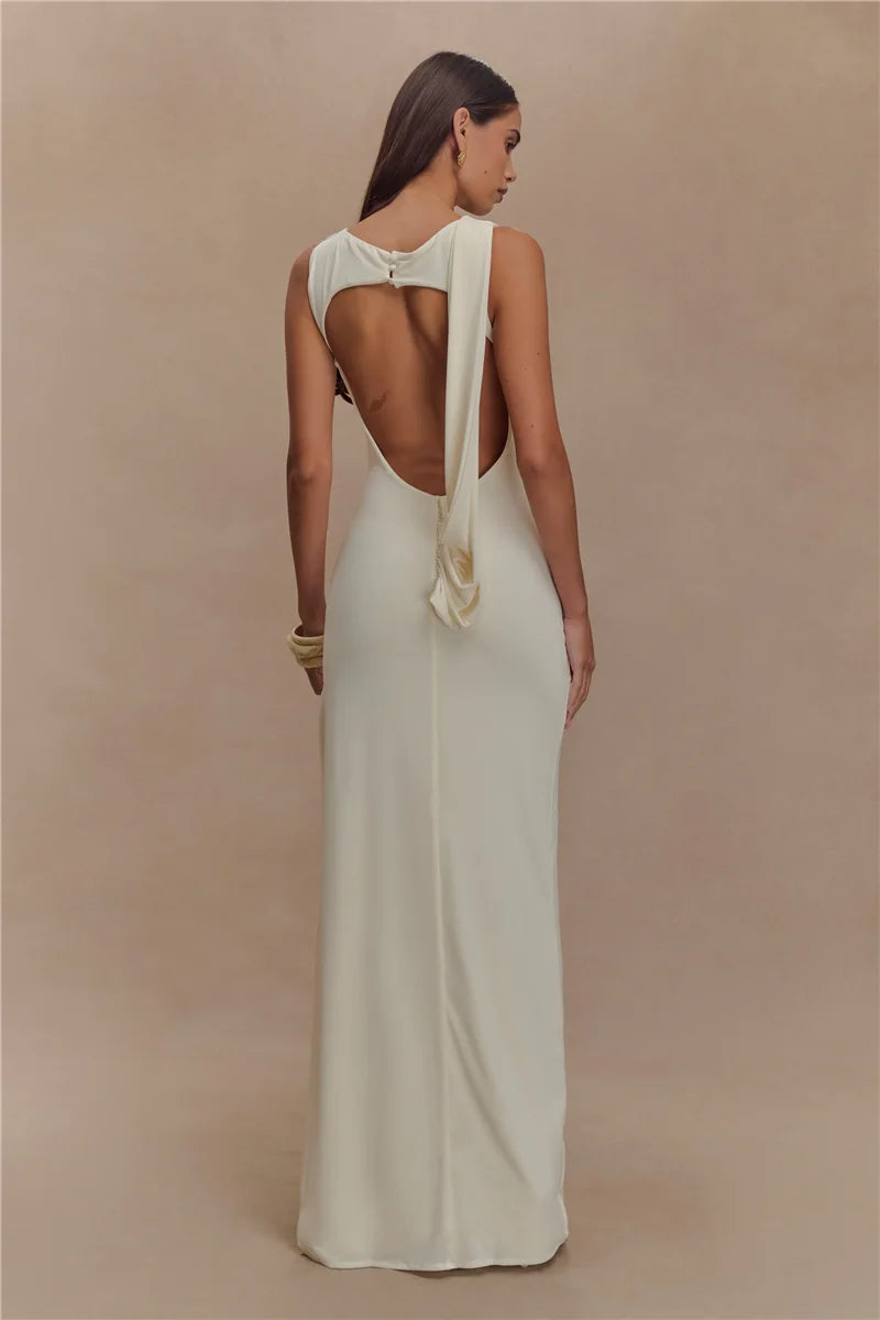 Sexy Backless Ruched Maxi Tank Dress for Women - Elegant O Neck Thigh High Split Bodycon Long Gown | Perfect for Summer Parties, Date Nights & Beach Vacations