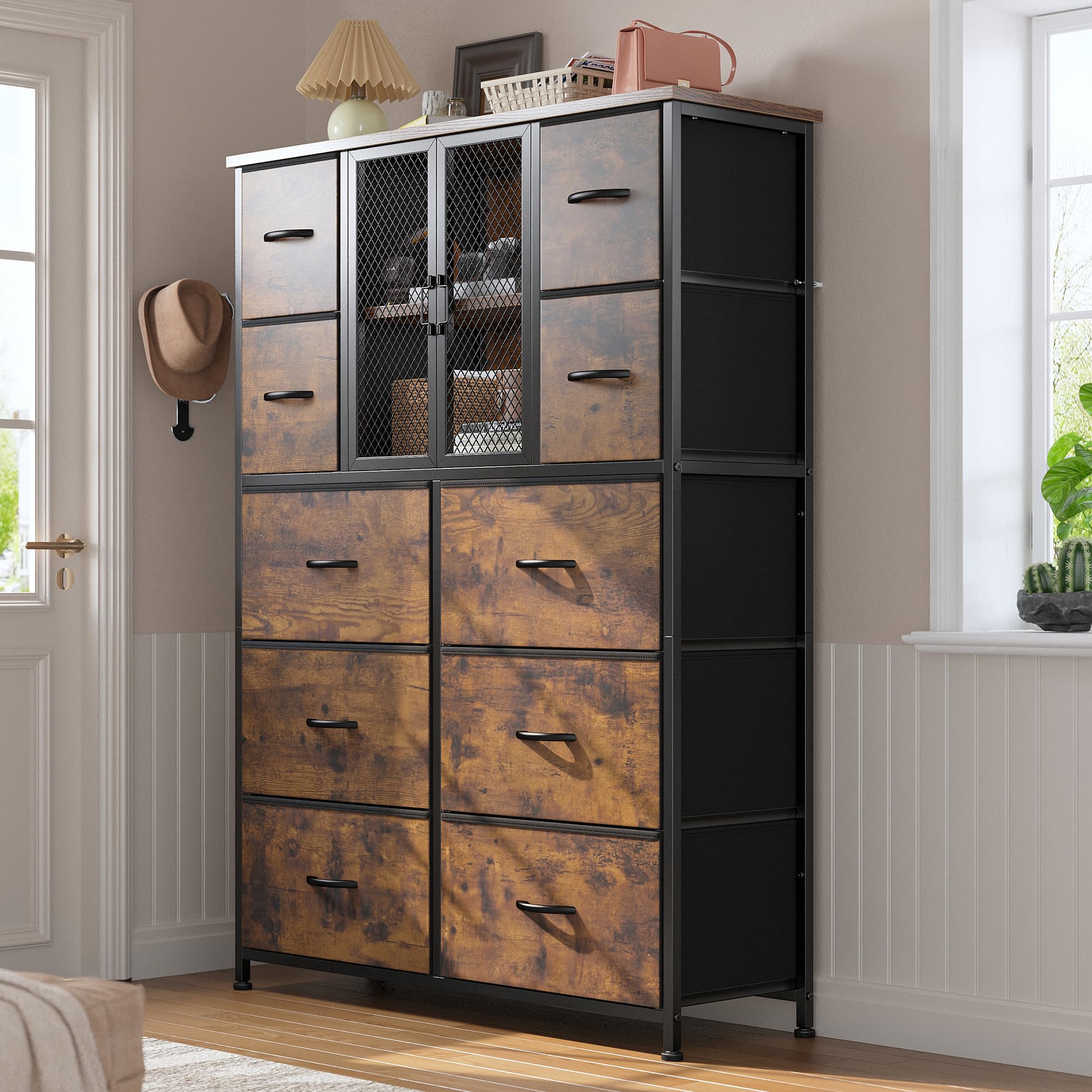 Rustic Brown Tall Dresser with 10 Fabric Drawers - Wood Top & Metal Frame Bedroom Storage Organizer for Closet or Entryway (48.1
