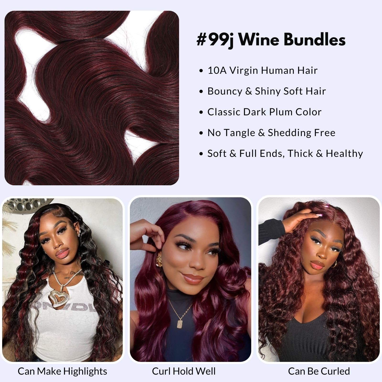 99J Dark Burgundy Body Wave 3 Bundles Brazilian Virgin Human Hair Extensions - 24 26 28 Inch Unprocessed 10A Grade Soft Shiny Wine Red Weave Bundles for Sew In | Perfect for Party, Wedding & Daily Styling