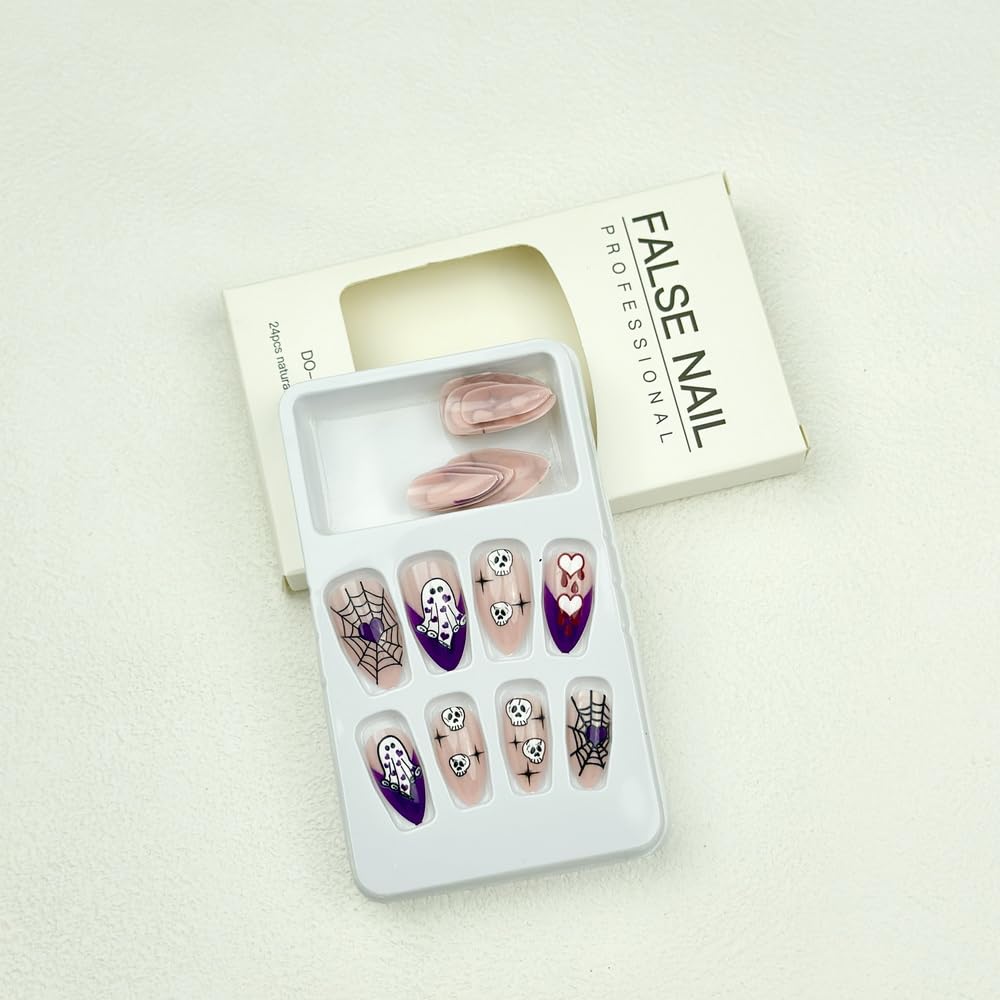 24 Pcs Halloween Press on Nails - Ghost & Spider Web Designs, Almond Shaped Fake Nails with Glossy Finish, Full Cover Glue on Nails for Women & Girls - Perfect for Halloween Parties, Costumes & Spooky Nail Art