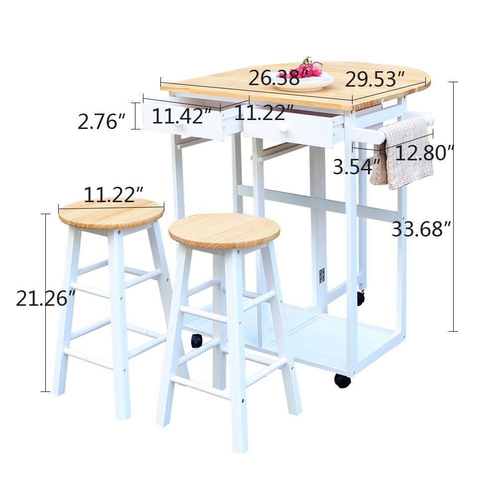 Foldable Solid Wood Drop Leaf Dining Table Set with 2 Stools & 2 Drawers - Kitchen Island Trolley Cart for Breakfast Bar, Small Space Dining & Serving - White Semicircle Design for Apartments & Compact Homes