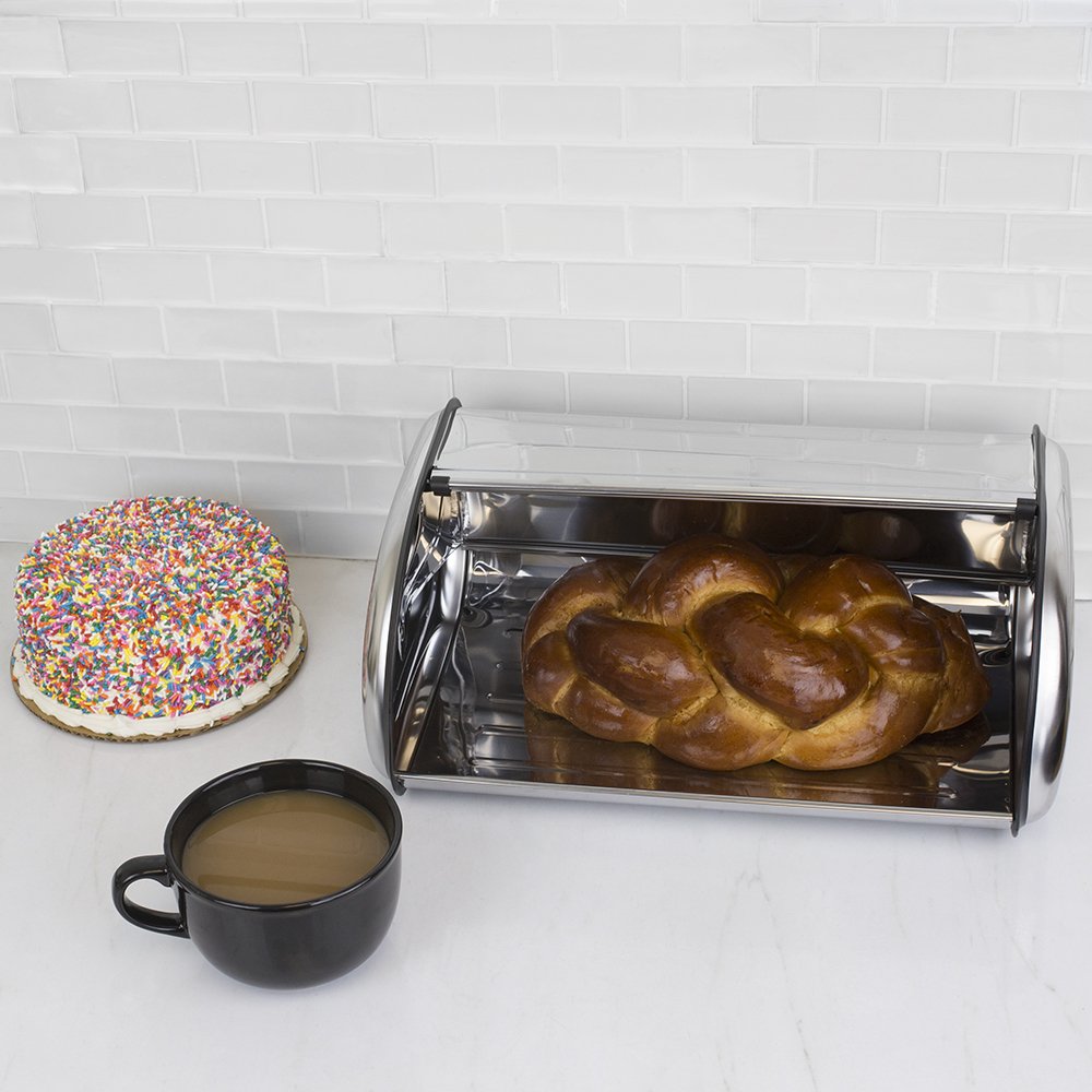 LINEN STORE Stainless Steel Bread Box with Roll Top Lid - Kitchen Organizer for Bread Loaf, Dinner Rolls, Pastries & Baked Goods | Perfect for Countertop Storage in Modern Kitchens, Bakeries & Cafés