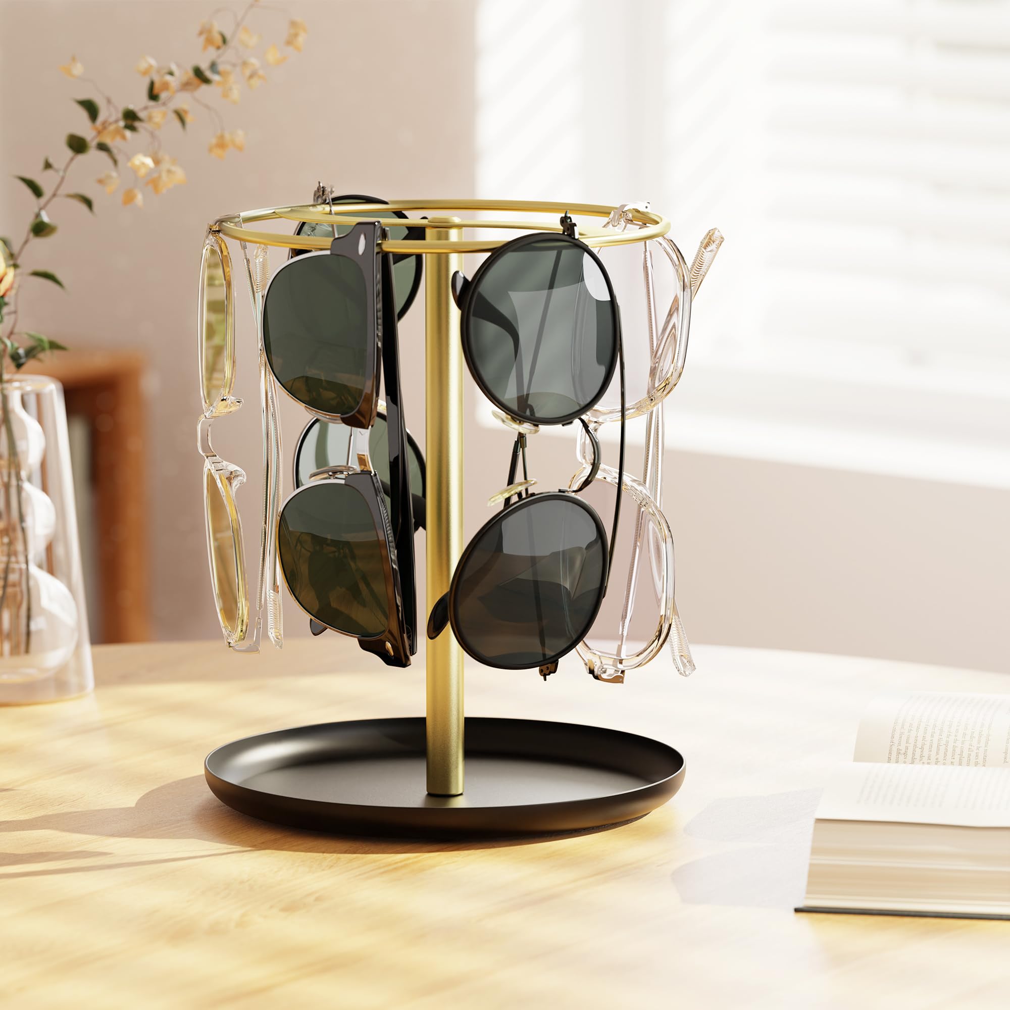 Premium Gold Sunglass Holder & Organizer - Sturdy Eyeglass Display Stand with Storage Tray for Multiple Sunglasses & Glasses | Perfect for Home, Office, Retail Store Display and Travel Organization