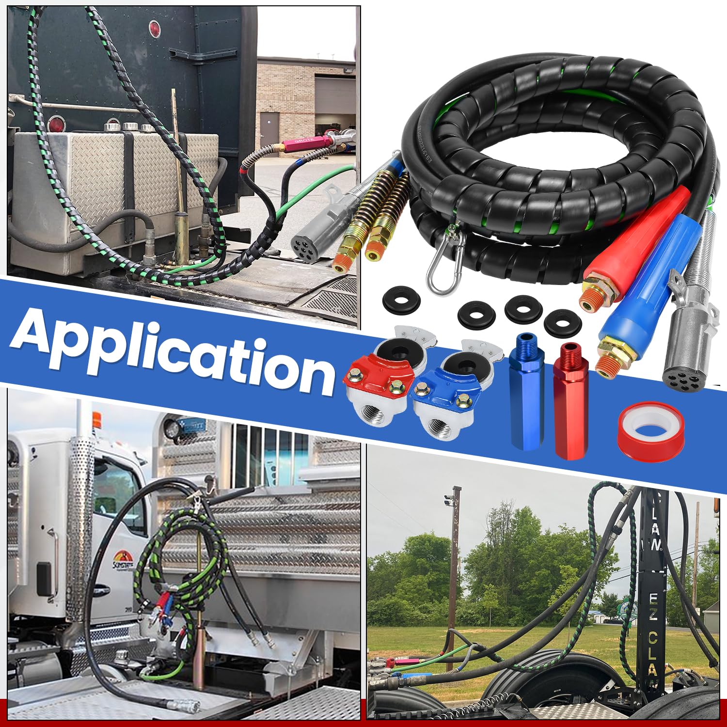 12Ft Semi Truck Air Line Kit - 3 in 1 Wrap Air Power Line with Glad Hand, Handles & Seals | Heavy Duty Air Hose for Semi Truck, Trailer & Tractor (TR813215) | Perfect for Long Haul Trucking & Trailer Maintenance