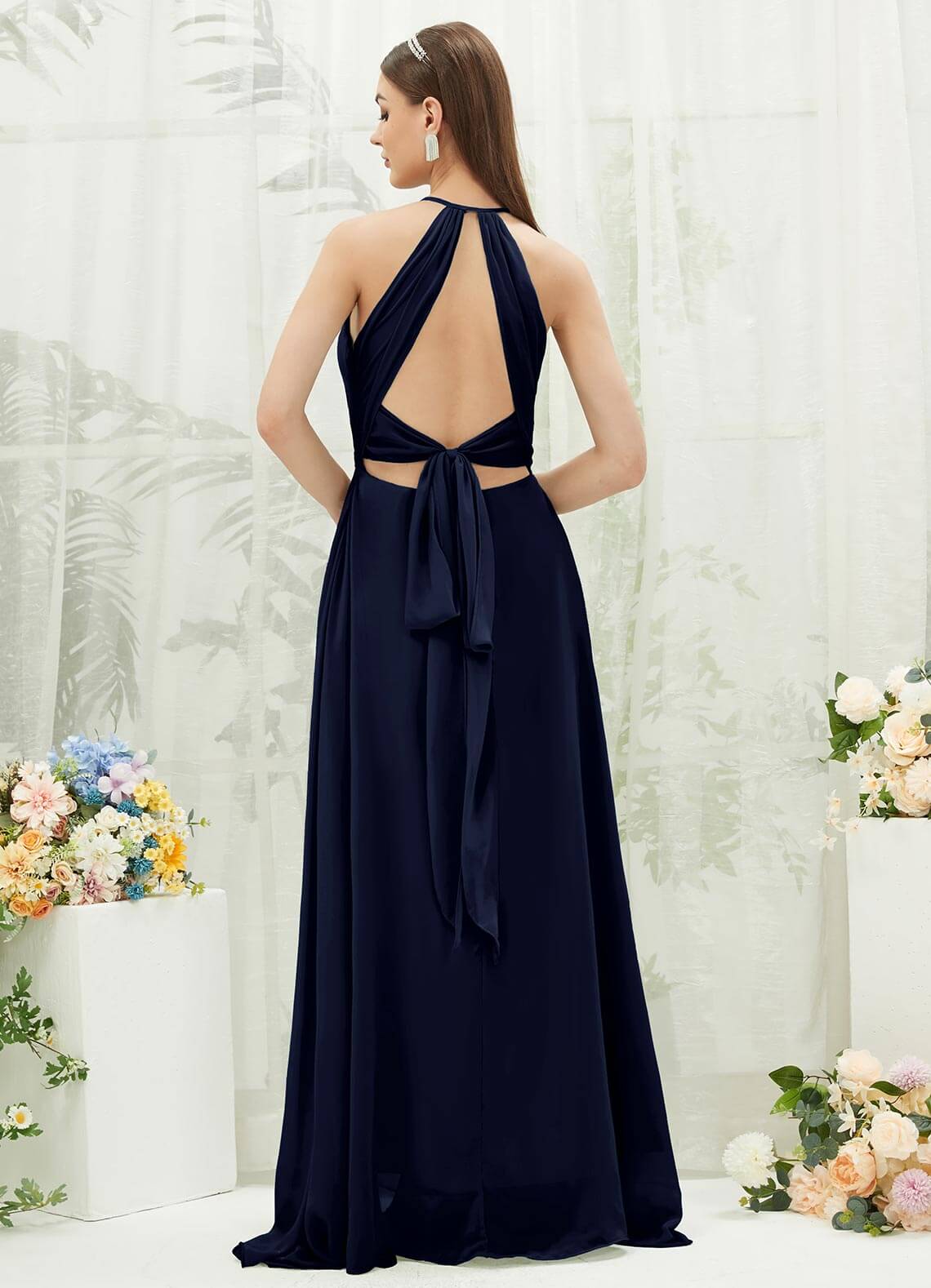 Elegant Dark Navy Chiffon Halter V-Neck Backless Maxi Bridesmaid Dress with High Slit - Perfect for Weddings, Formal Events & Evening Parties