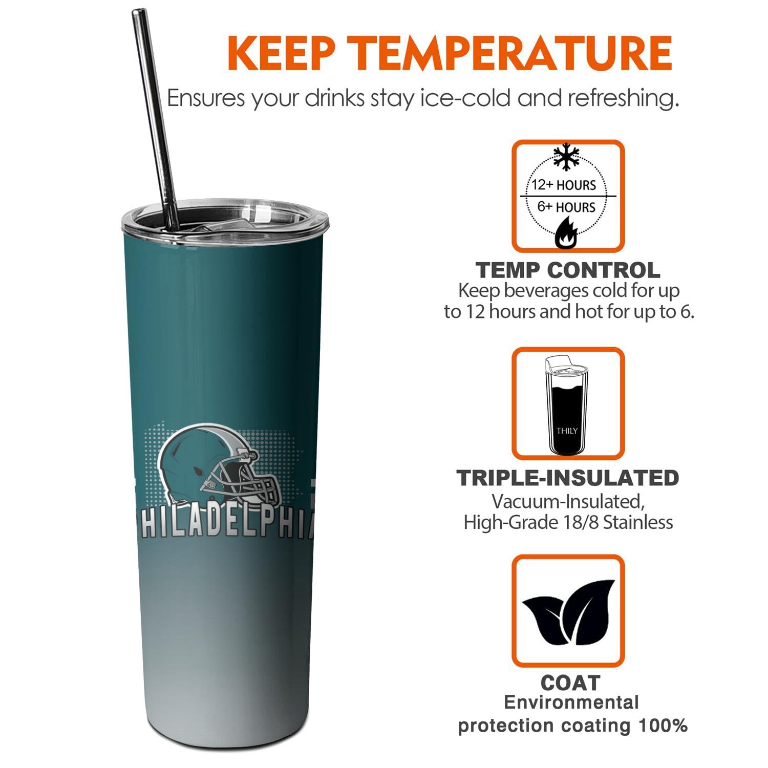 Philadelphia Eagles Insulated 20oz Tumbler with Lid & Straw - Double-Wall Vacuum Stainless Steel Travel Coffee Mug - Keeps Drinks Hot/Cold for 12+ Hours - Perfect for Football Games, Office & Outdoor Activities