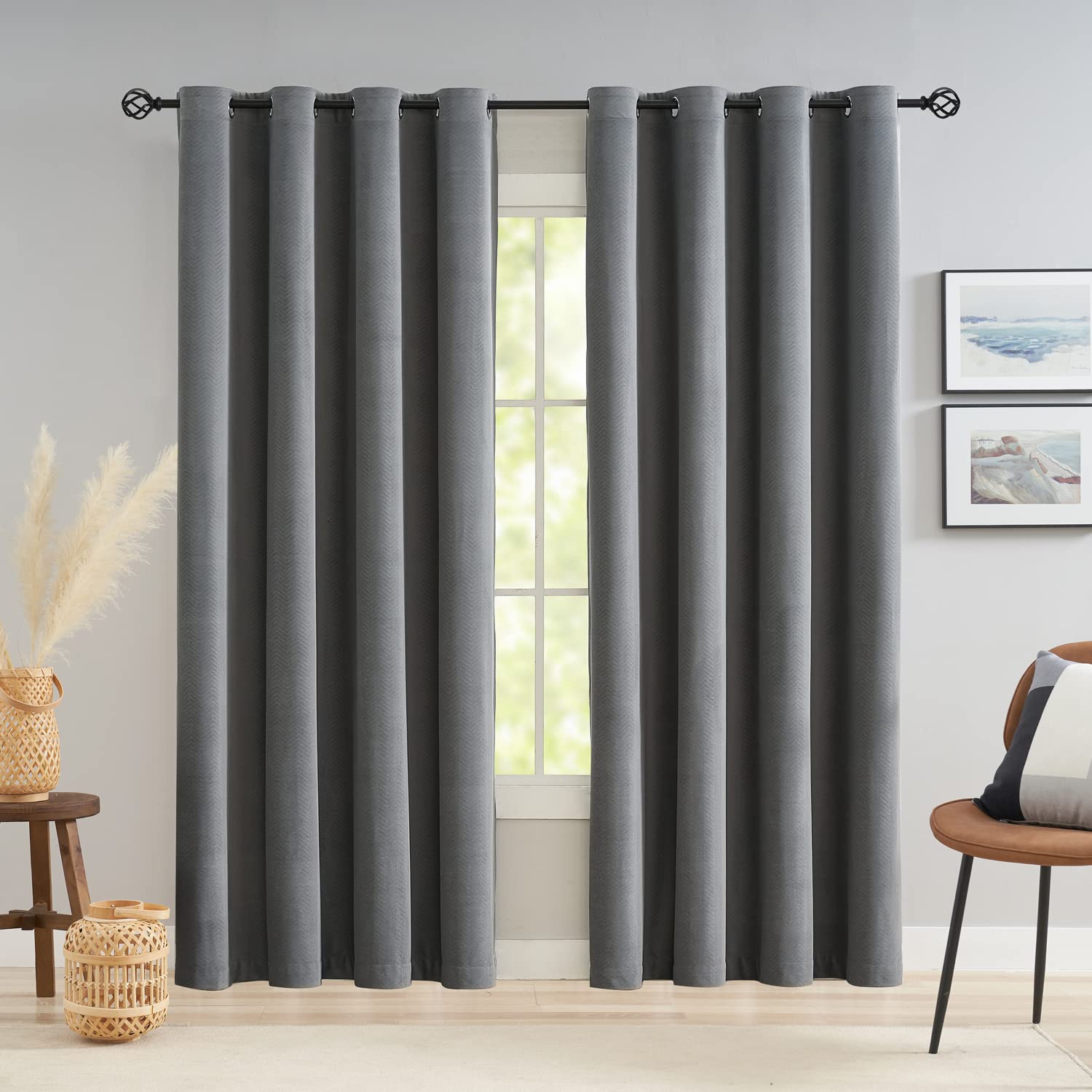 Dreaming Casa 96 Inch Long Herringbone Velvet Curtains - 2 Panels Dark Gray Textured Grommet Blackout Drapes 42
